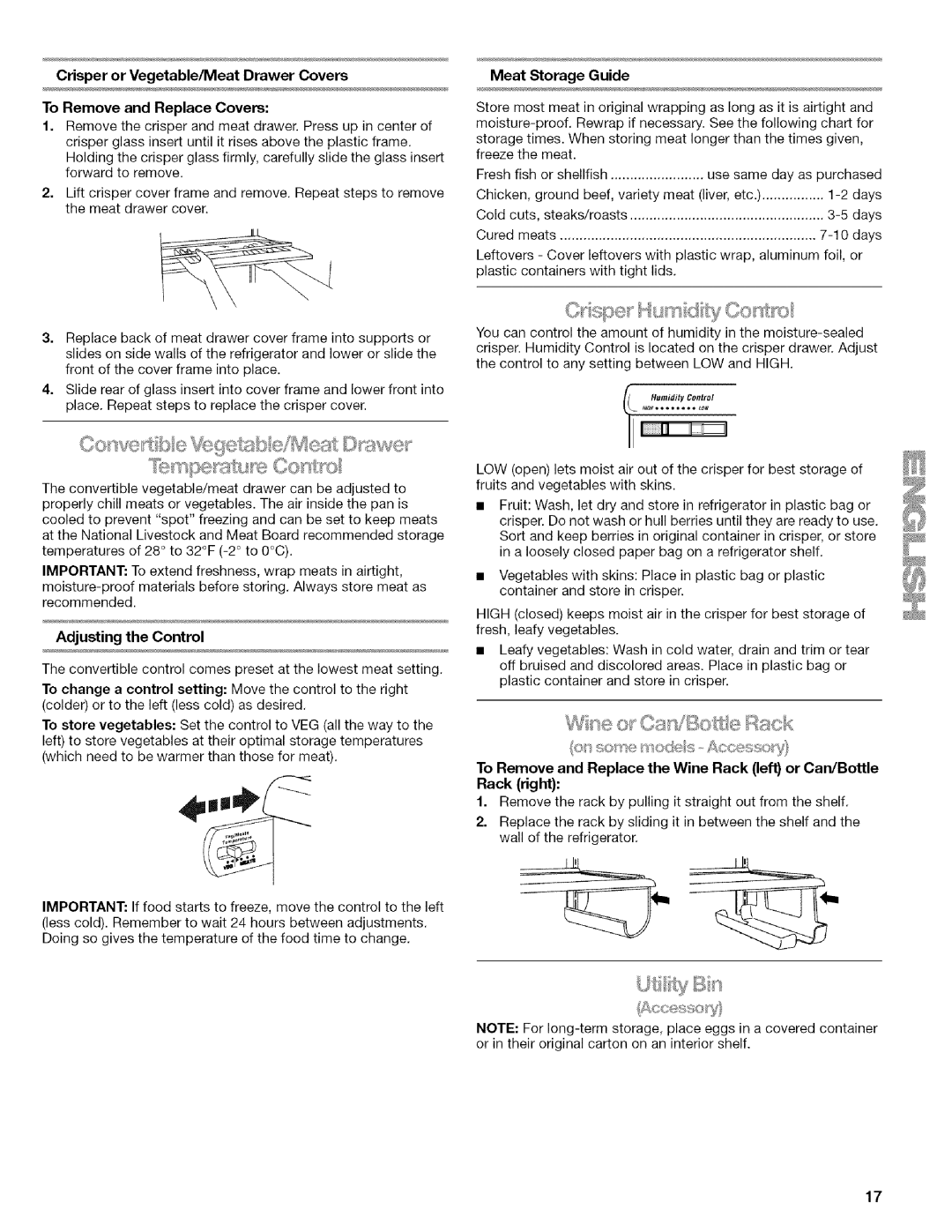 Kenmore 2318589 manual CrisperorVegetable/MeatDrawerCovers, Adjusting the Control, To Remove and Replace Covers 