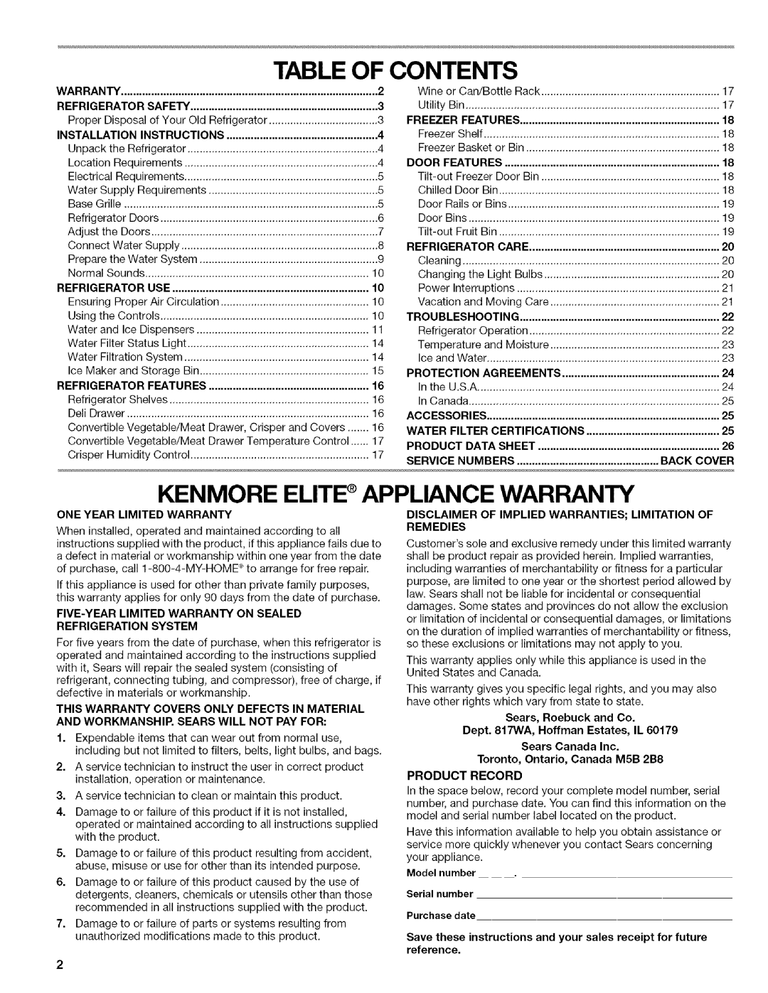 Kenmore 2318589 Table Of Contents, Kenmore Elite Appliance Warranty, Refrigerator, Freezer, Features, Product, Numbers 