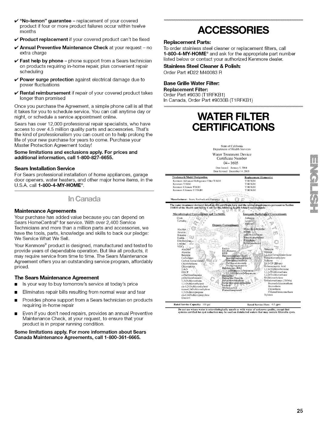 Kenmore 2318589 manual Water Filter, Certifications, Accessories, Sears Installation Service, Maintenance Agreements 