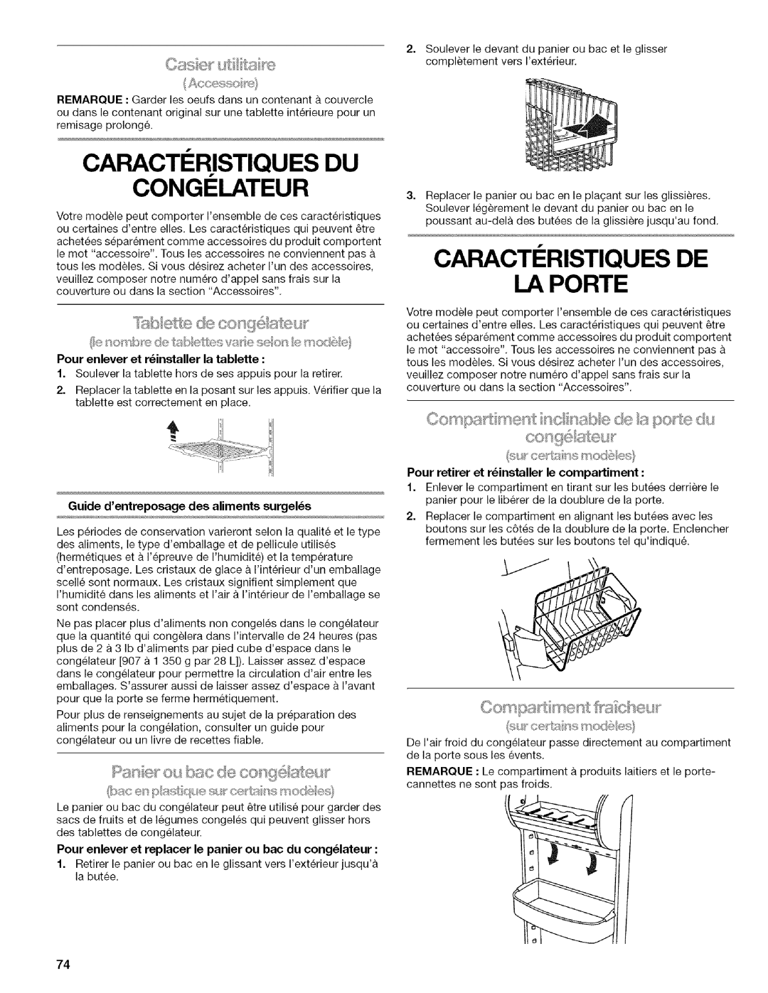 Kenmore 2318589 manual Caracteristiques Du, Congelateur, Caracti Ristiques De I_Aporte, Pan@ou bac de coo i !i, ut 