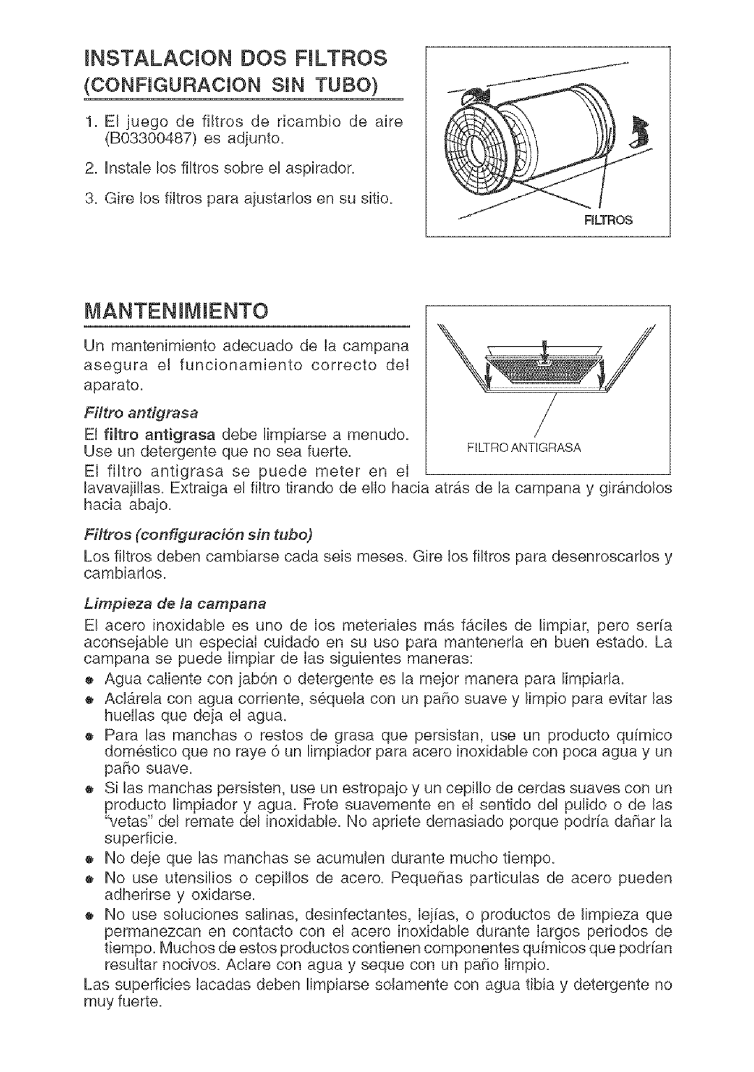 Kenmore 233.503632 Instalacion DOS Filtros, Mantenimiento, Filtros configuraci6n sin tubo, Limpieza de la campana 