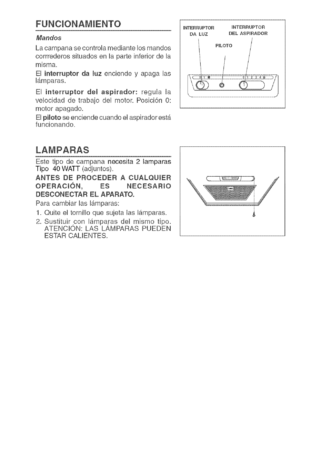 Kenmore 233.503032, 233.503632 installation manual FUNCmONAMmENTO, Lamparas, Mandos 