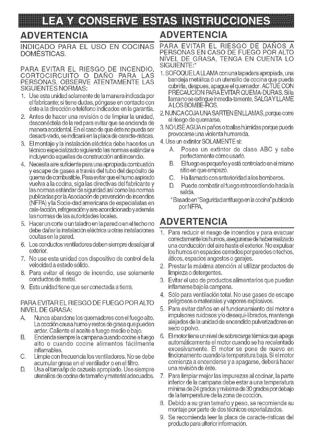 Kenmore 233.503632, 233.503032 installation manual Advertencia, Para Evjtar EL Riesgo DE Fuego POR Alto Nivel DE Grasa 