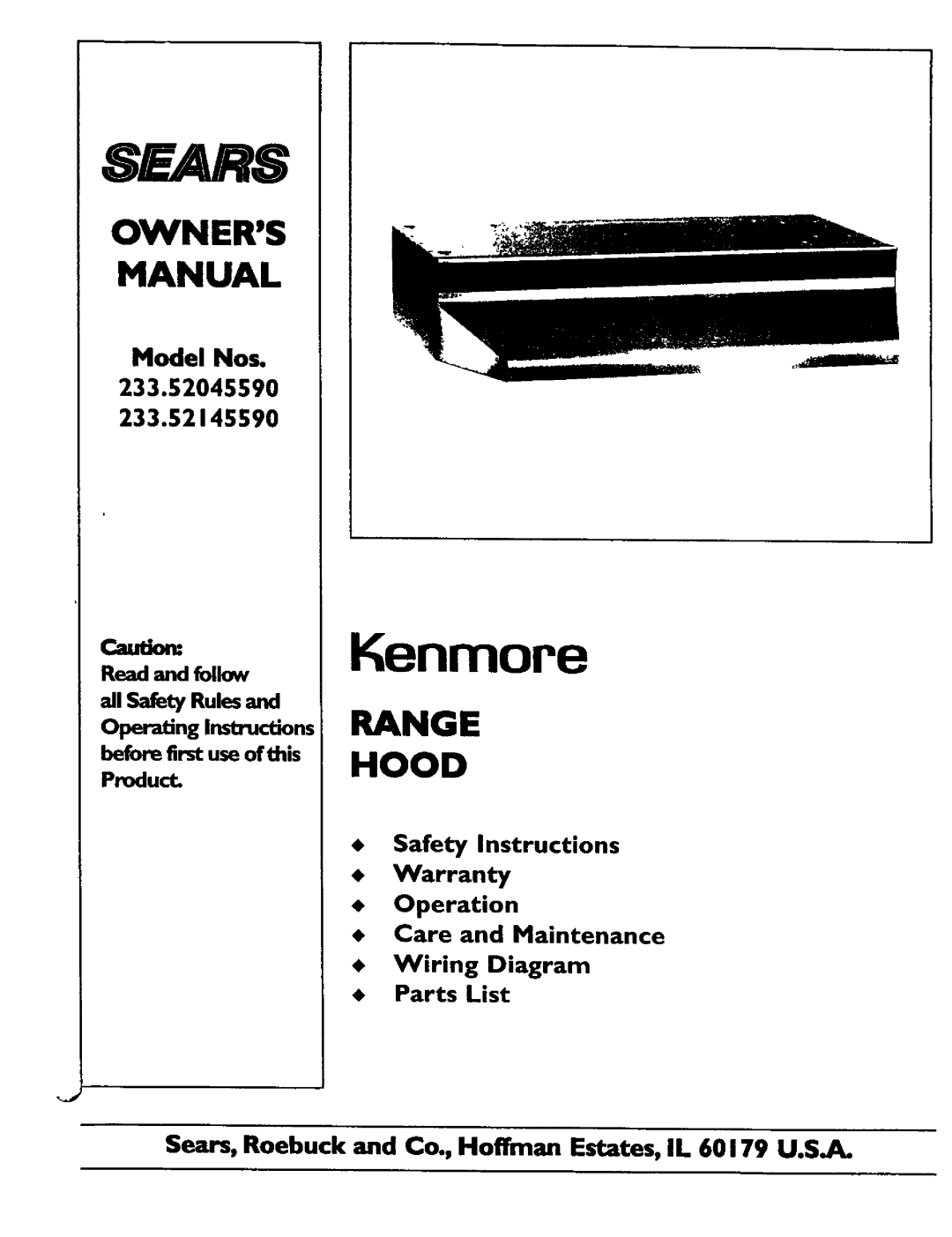 Kenmore 233.5214559, 233.5204559 owner manual 8EARS, Kenmore, Range Hood 