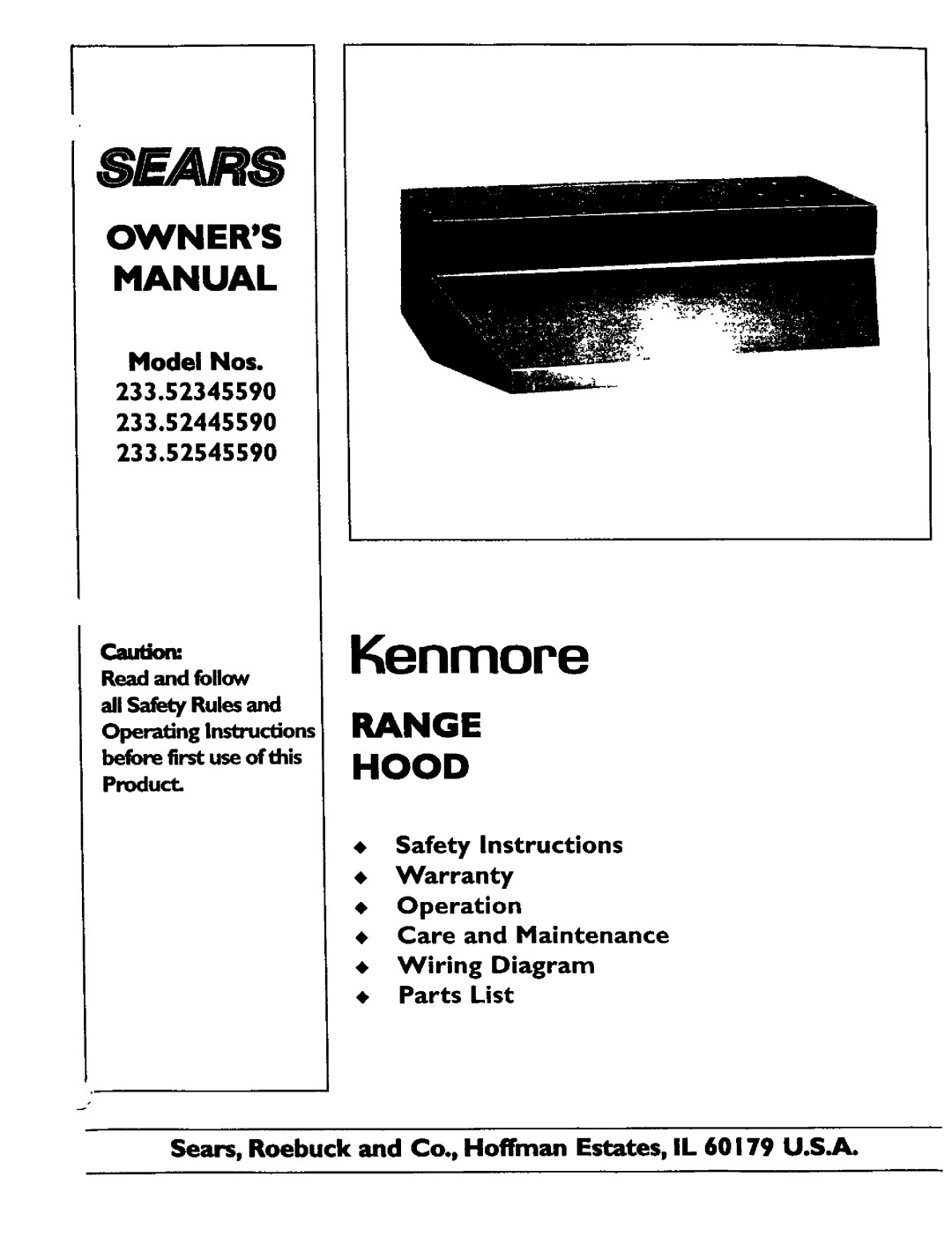 Kenmore 233.52345590, 233.52445590 owner manual Sears, Kenmore, Range Hood 