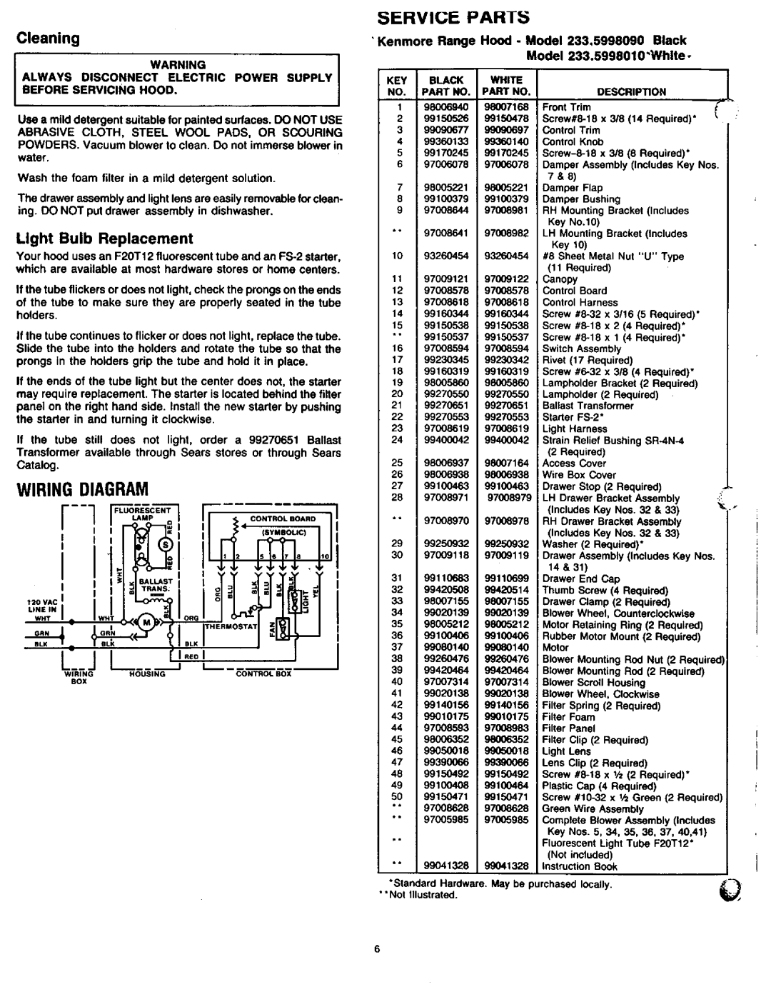 Kenmore 233.599809 Cleaning, Light Bulb Replacement, Kenmore Range Hood Model 233,5998090 Black 233.5998010White 