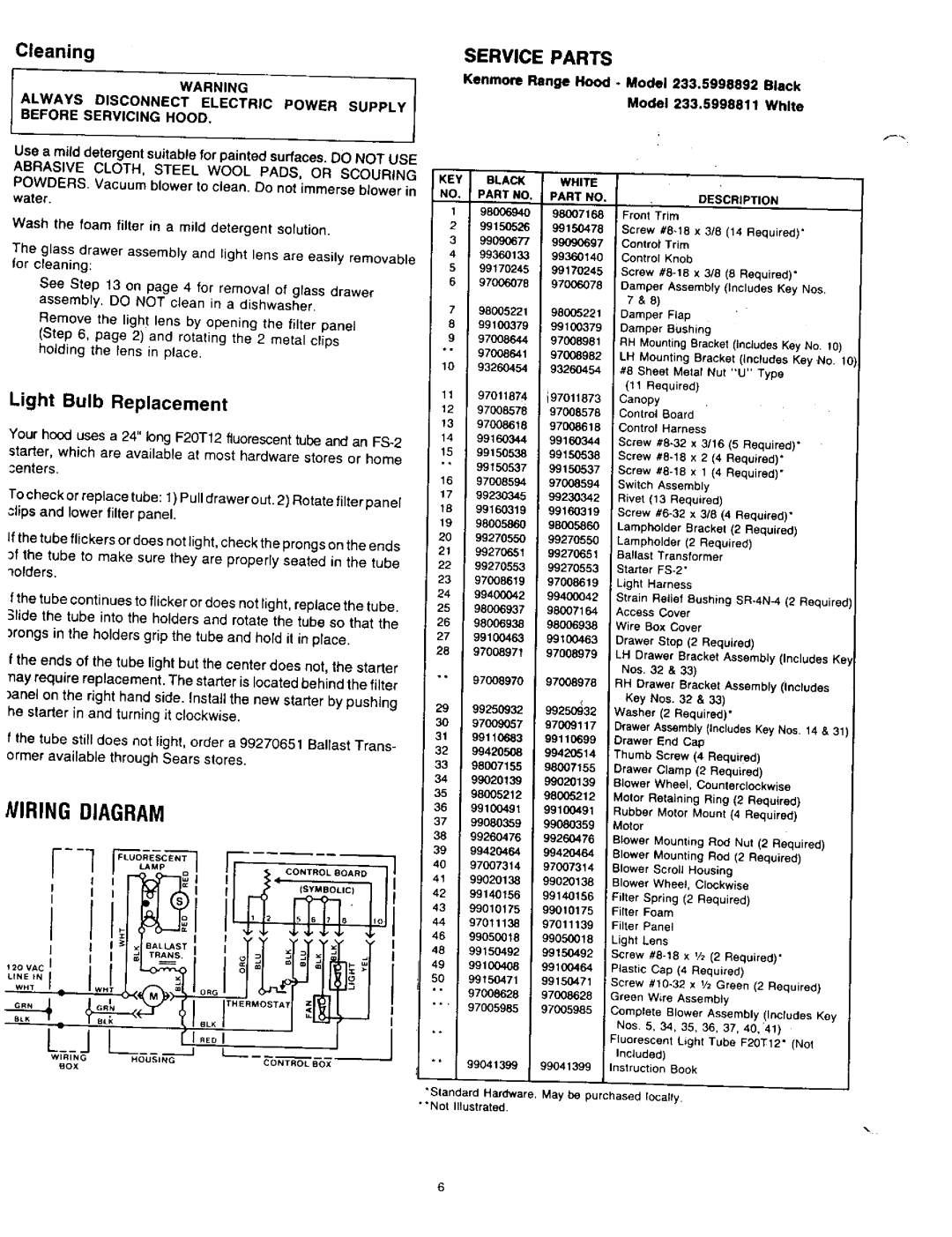 Kenmore 233.5998811, 233.5998892 owner manual Cleaning, Light Bulb Replacement 