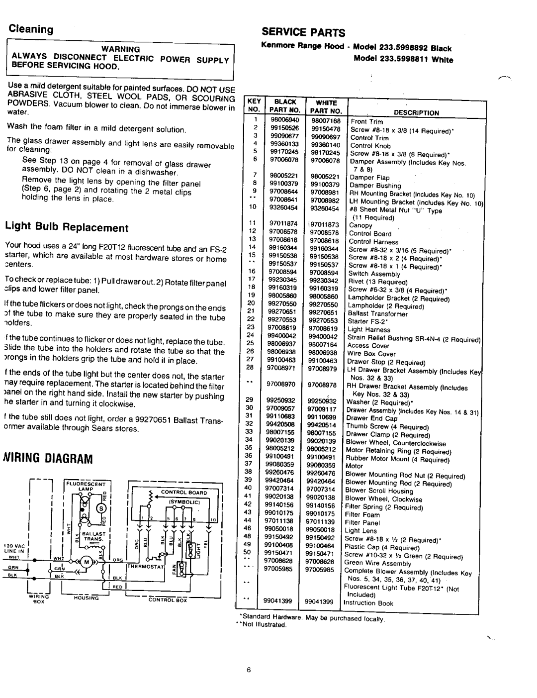 Kenmore 233.5998811, 233.5998892 owner manual Niring Diagram, Cleaning, Service Parts, Light Bulb Replacement 
