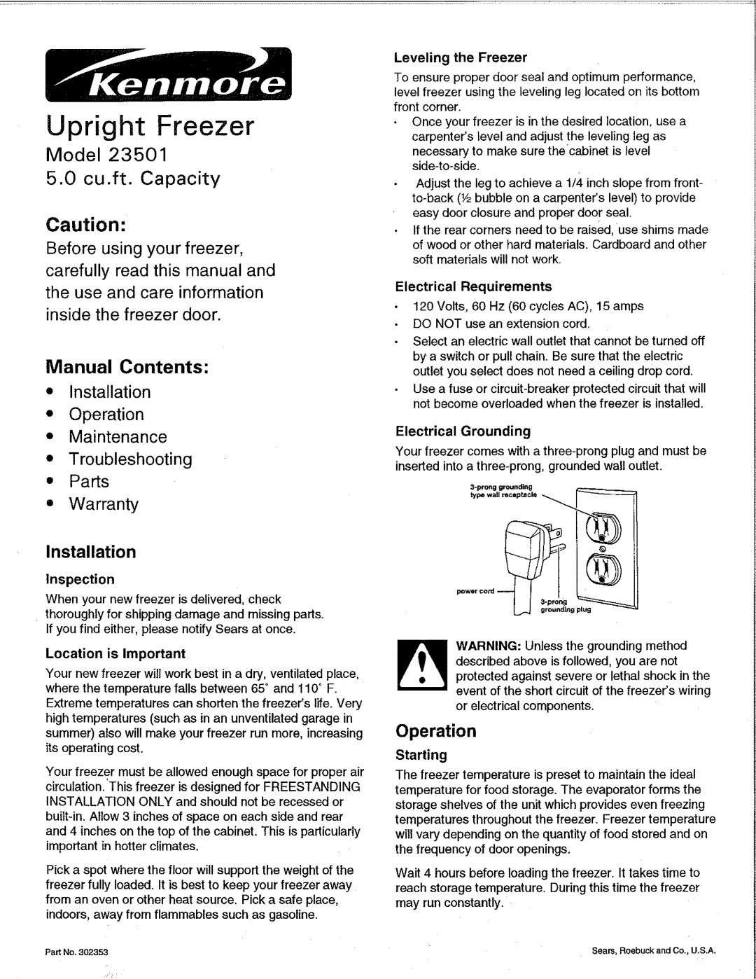 Kenmore 23501 warranty Manual Contents, Installation, Location is Important, Electrical Requirements 