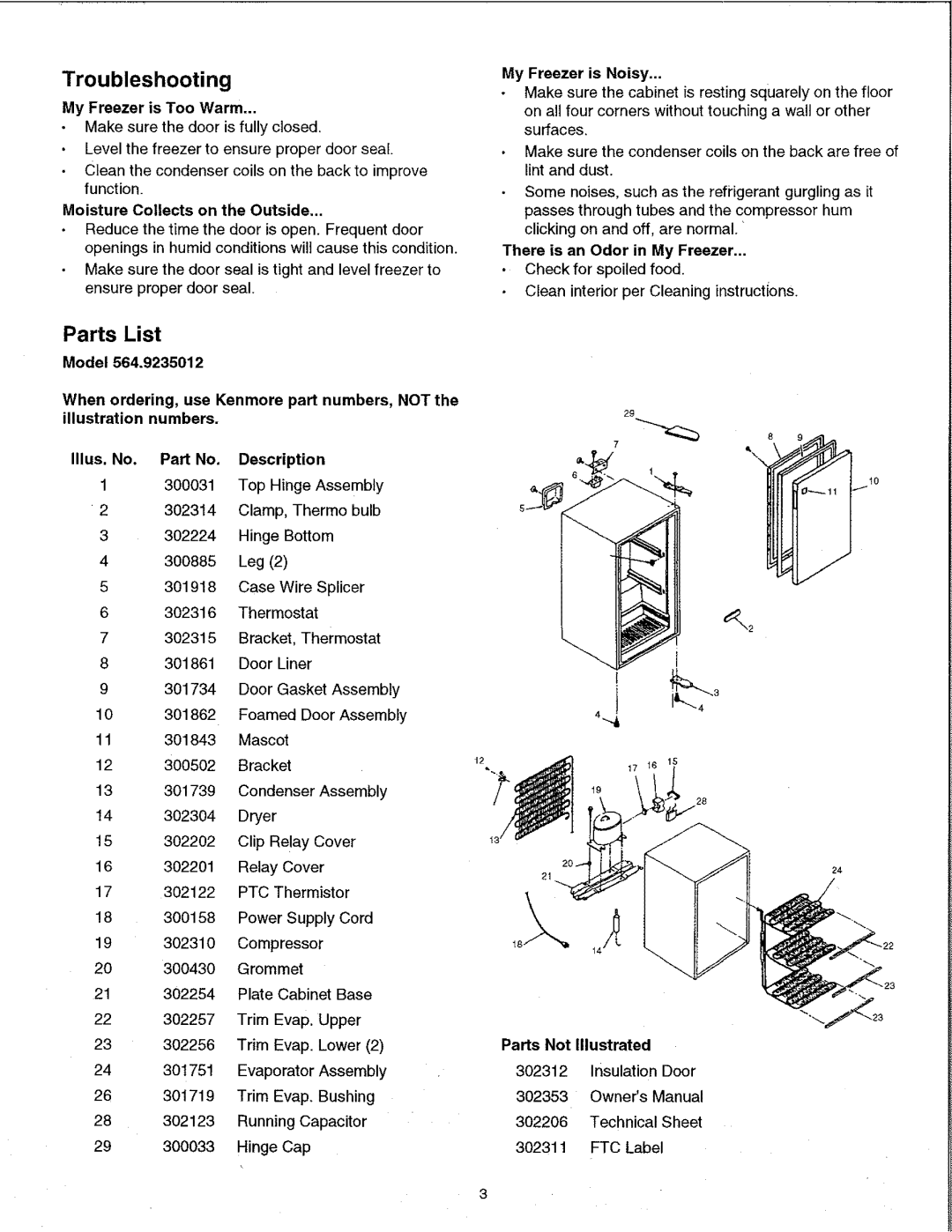 Kenmore 23501 warranty Troubleshooting, Parts List 