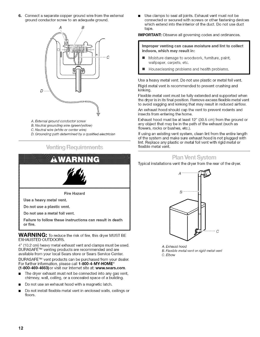 Kenmore 110.84182, 240-Volt Compact Electric Dryer manual Exhausthood Hexible metalventorrid metalvent C.bow 