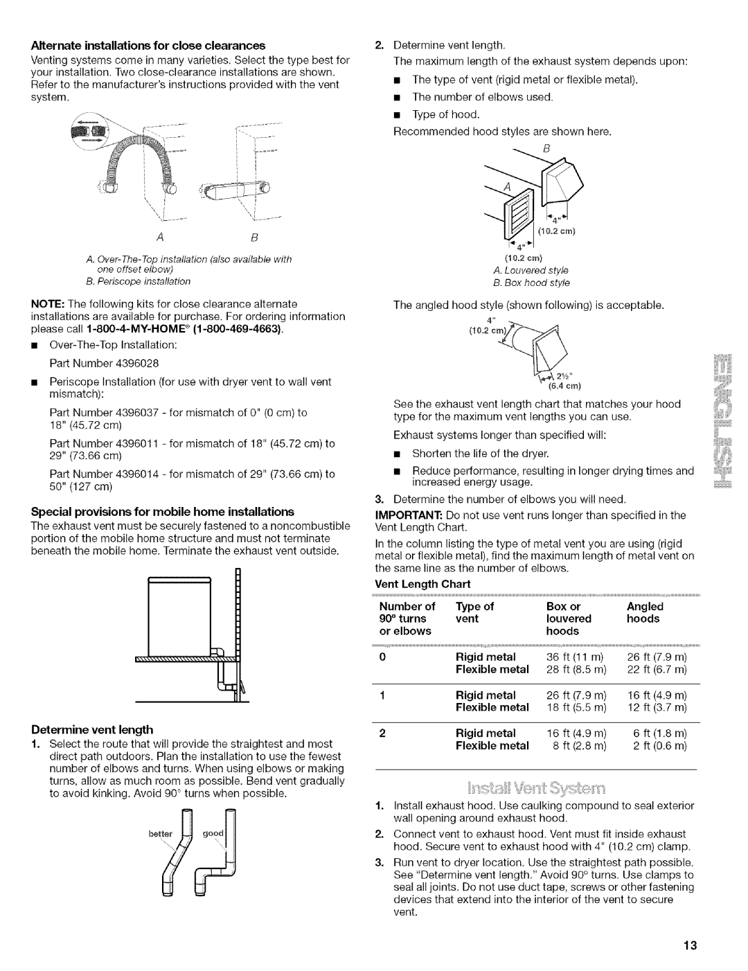 Kenmore 240-Volt Compact Electric Dryer Alternate installations for close clearances, Determine vent length, Rigid metal 