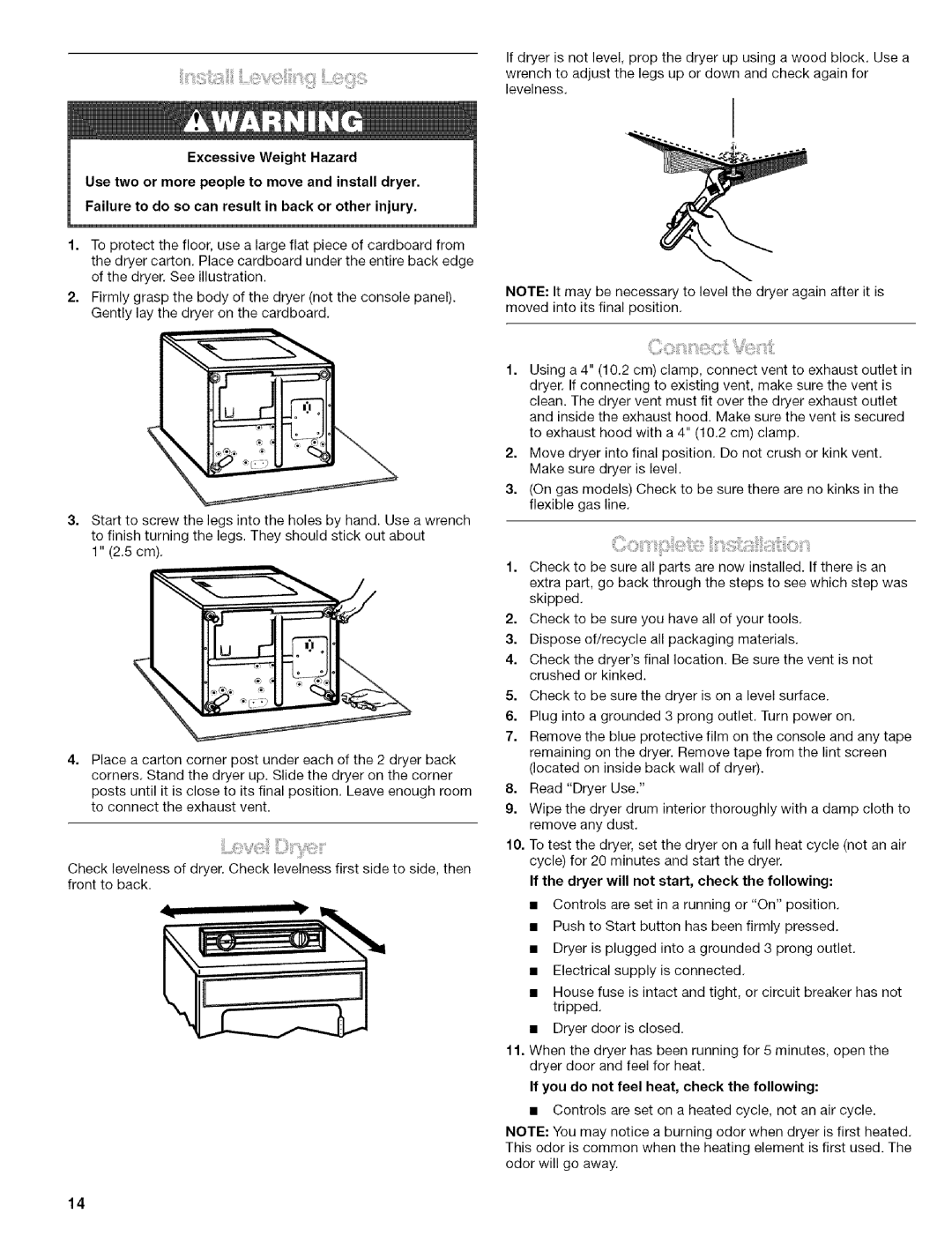 Kenmore 110.84182 manual If the dryer will not start, check the following, If you do not feel heat, check the following 