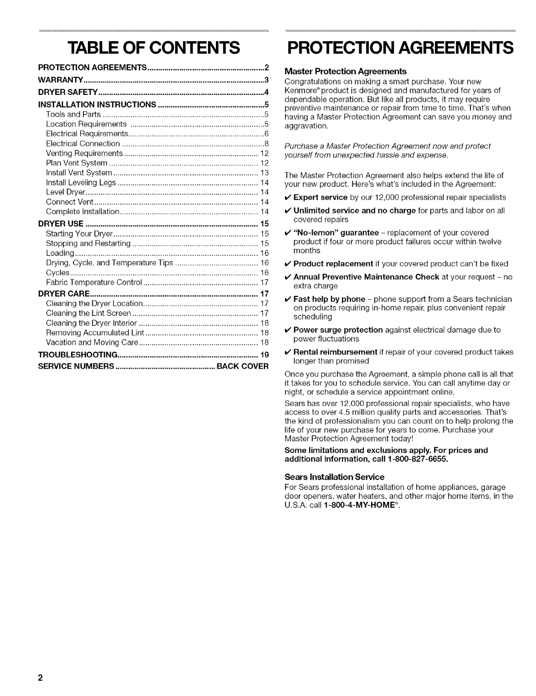 Kenmore 110.84182, 240-Volt Compact Electric Dryer manual Table of Contents, Protection Agreements 