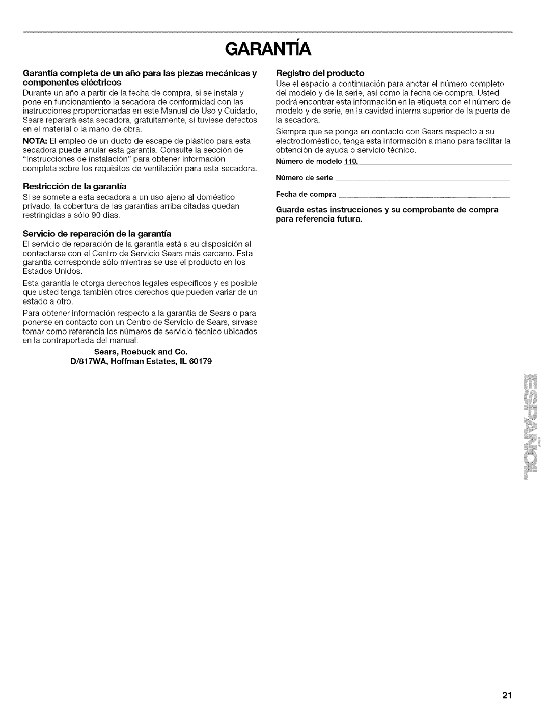 Kenmore 240-Volt Compact Electric Dryer manual Garanta, Restriccibn de la garantia, Servicio de reparacibn de la garantia 