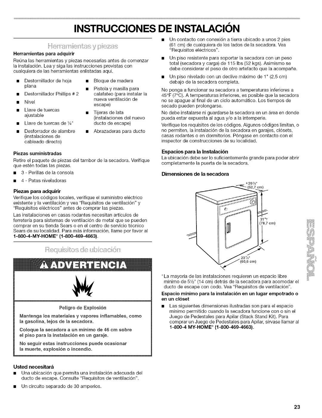 Kenmore 240-Volt Compact Electric Dryer, 110.84182 manual Dimensiones de la secadora 