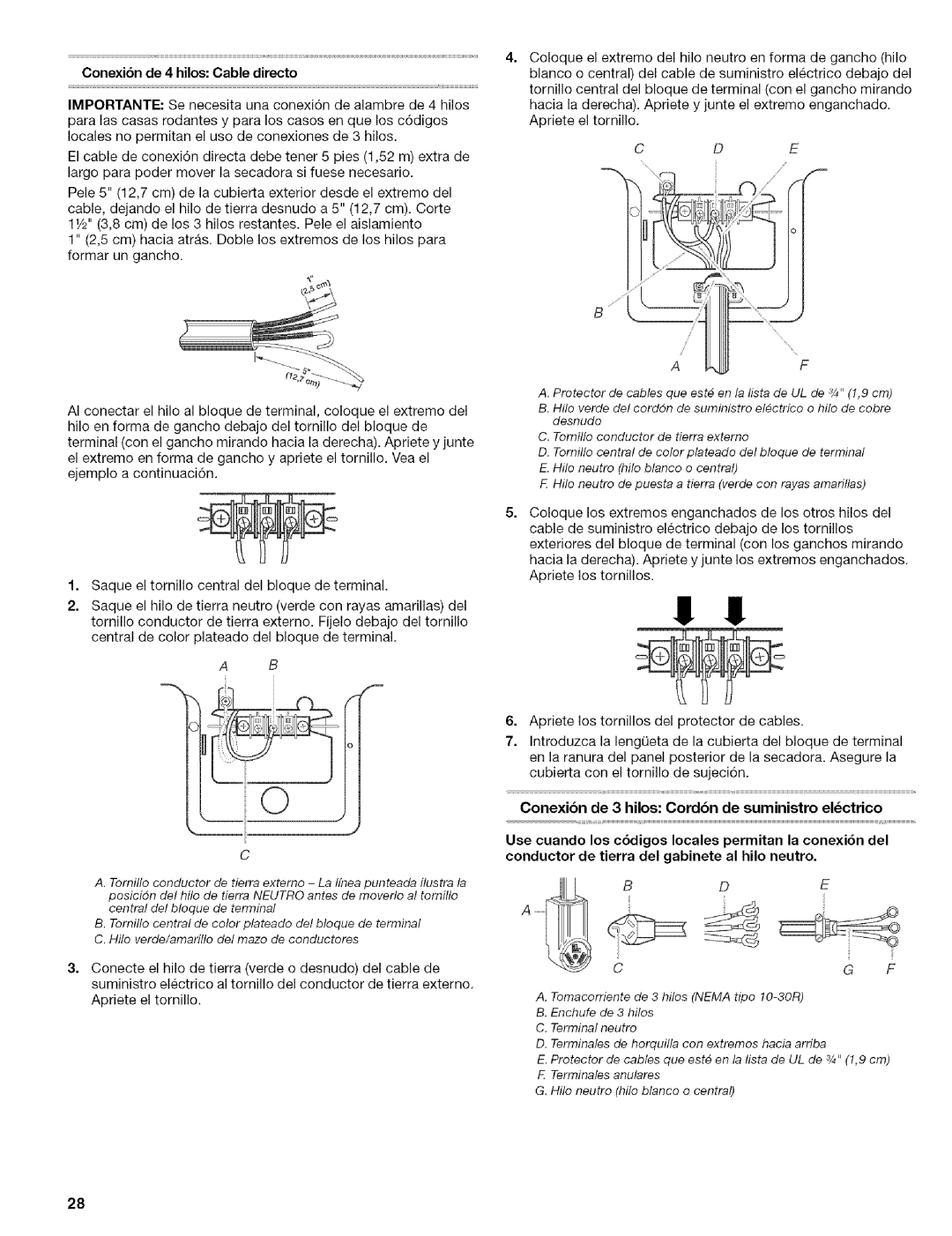 Kenmore 110.84182 manual Conexion de 4 hilos Cable directo, Conexibn de 3 hilos Cordbn de suministro elctrico 