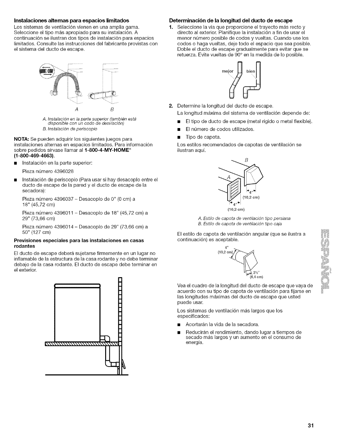 Kenmore 240-Volt Compact Electric Dryer, 110.84182 manual Instalaciones alternas para espacios limitados, 4cm 