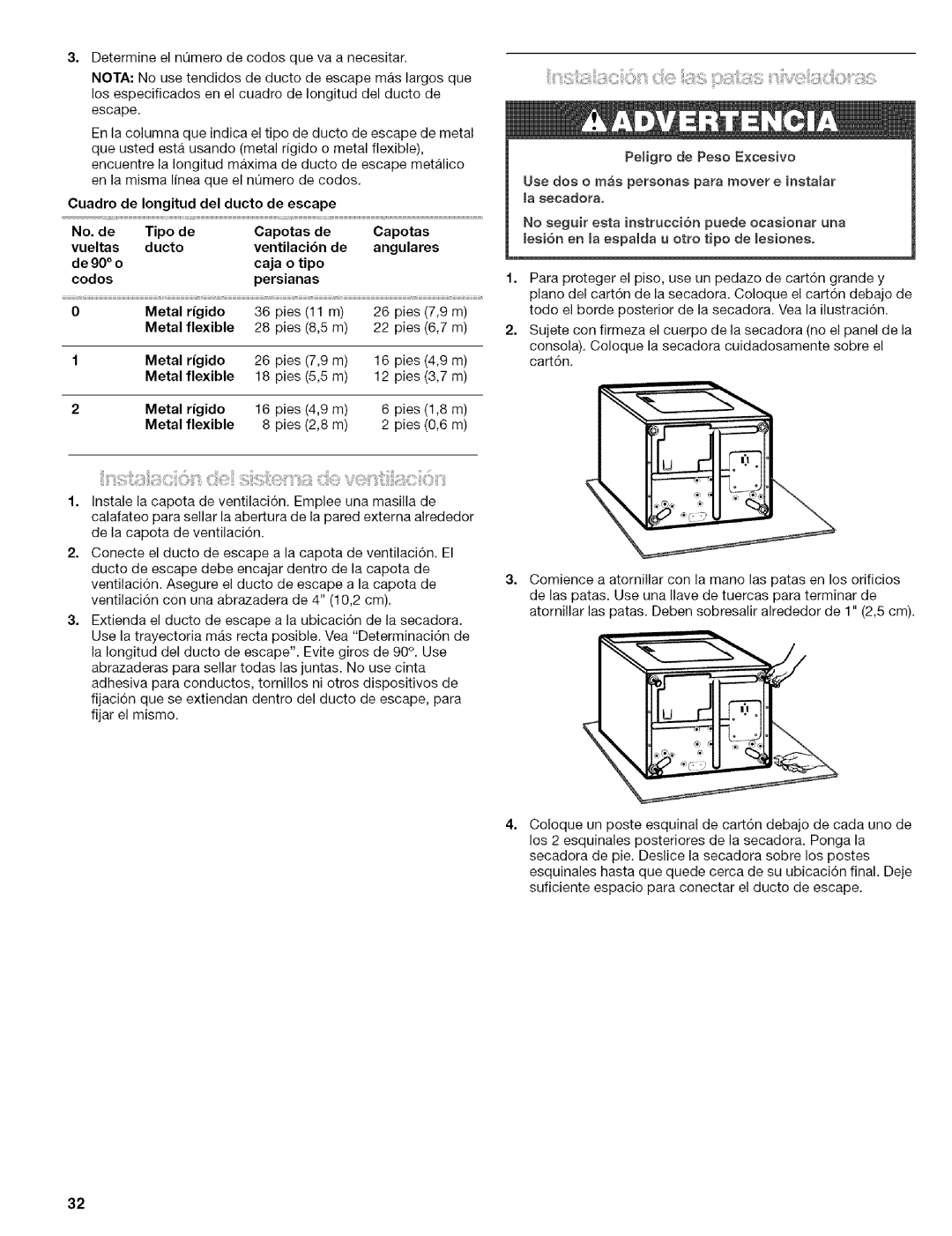 Kenmore 110.84182, 240-Volt Compact Electric Dryer manual Cuadro de Iongitud del ducto de escape No. de Tipo de 