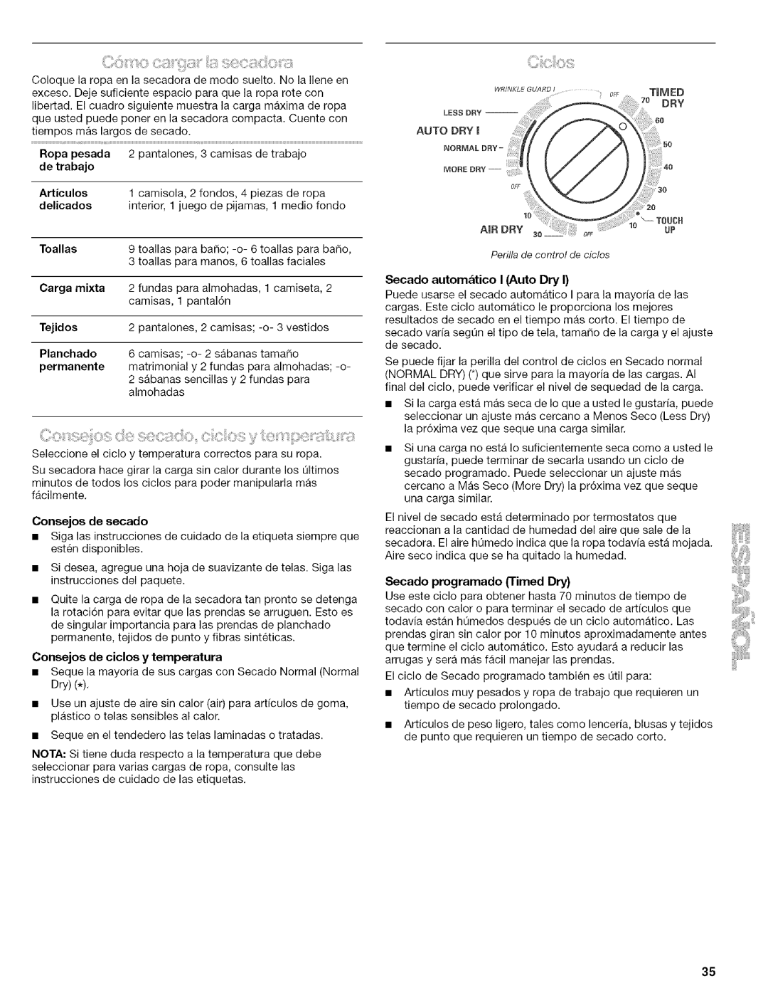 Kenmore 240-Volt Compact Electric Dryer, 110.84182 manual Secado autom&tico I Auto Dry, Secado programado Timed Dry 