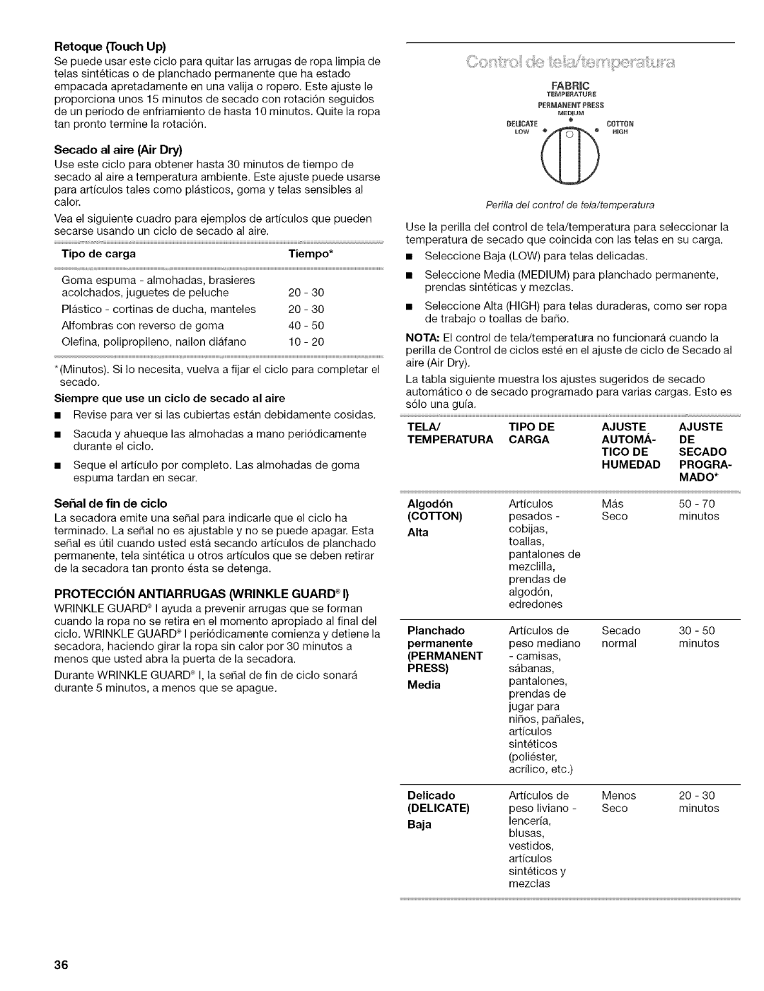 Kenmore 110.84182 Retoque Touch Up, Secado al aire Air Dry, Tipo de carga, Siempre que use un ciclo de secado al aire 