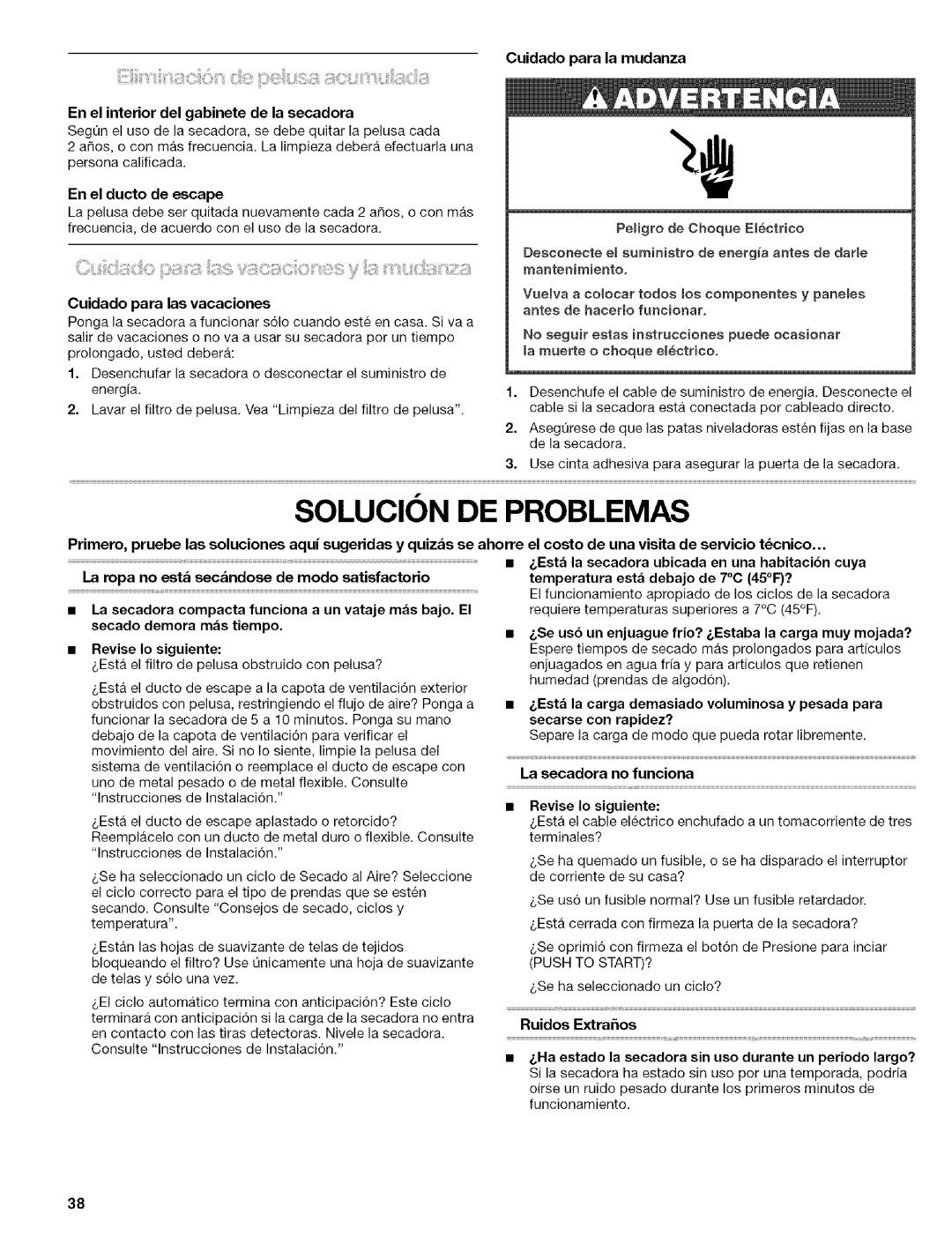 Kenmore 110.84182 manual Solucion DE Problemas, En el interior del gabinete de la secadora, En el ducto de escape 