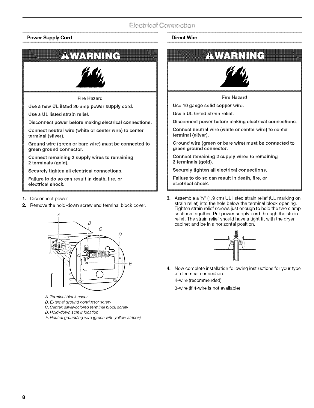 Kenmore 110.84182, 240-Volt Compact Electric Dryer manual Power Supply Cord Direct Wire 