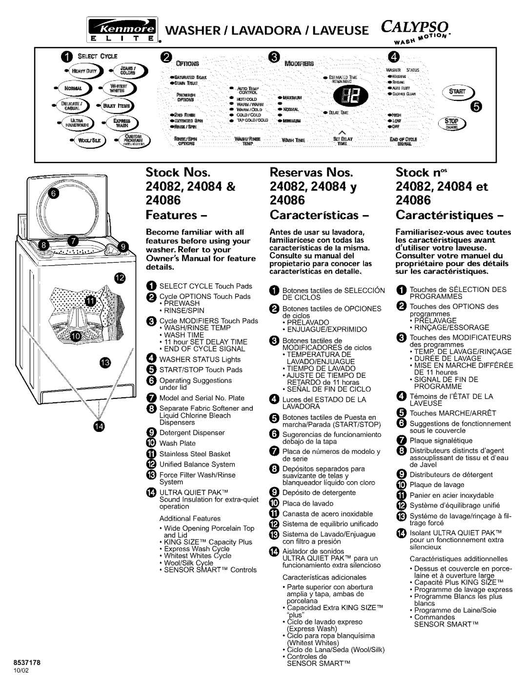 Kenmore owner manual Washer / Lavadorj / Laveuse Calypso, Stock Nos 24082,24084 24086 Features, 24082,24084 et 24086 