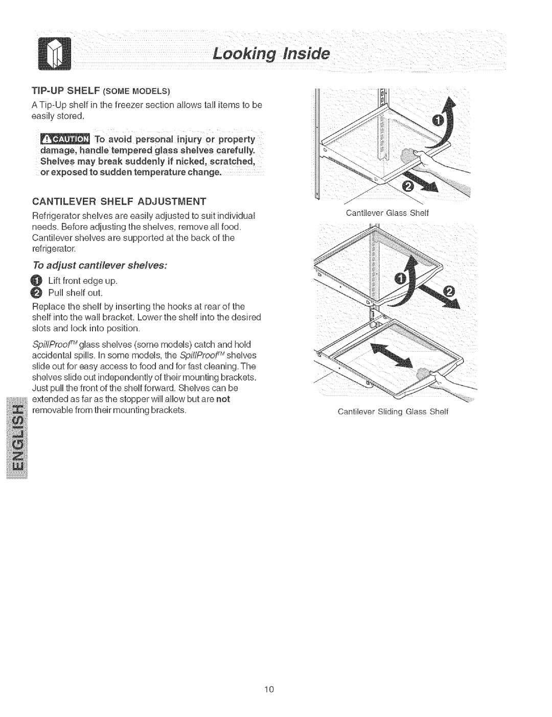 Kenmore 2535567340A Looking inside, TIP-UP Shelf Some Models, Cantilever Shelf Adjustment, To adjust cantilever shelves 