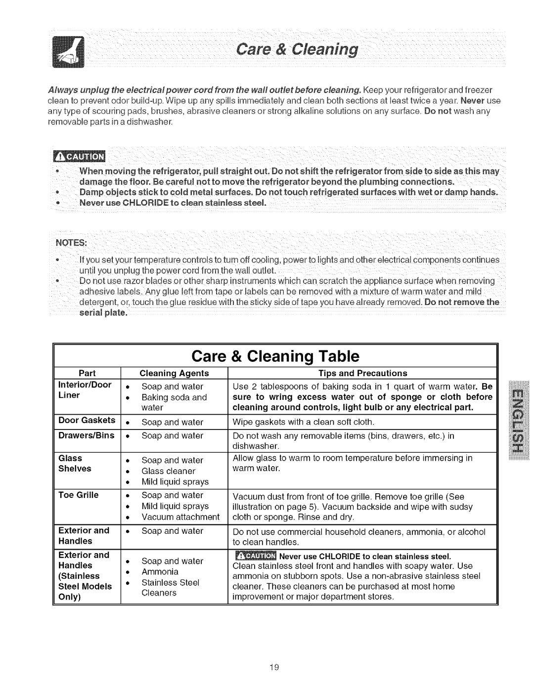 Kenmore 25354663406, 241579602 (0410), 2535629340N, 2535568940B manual Care & Cleaning, Part Cleaning Agents Tips Precautions 