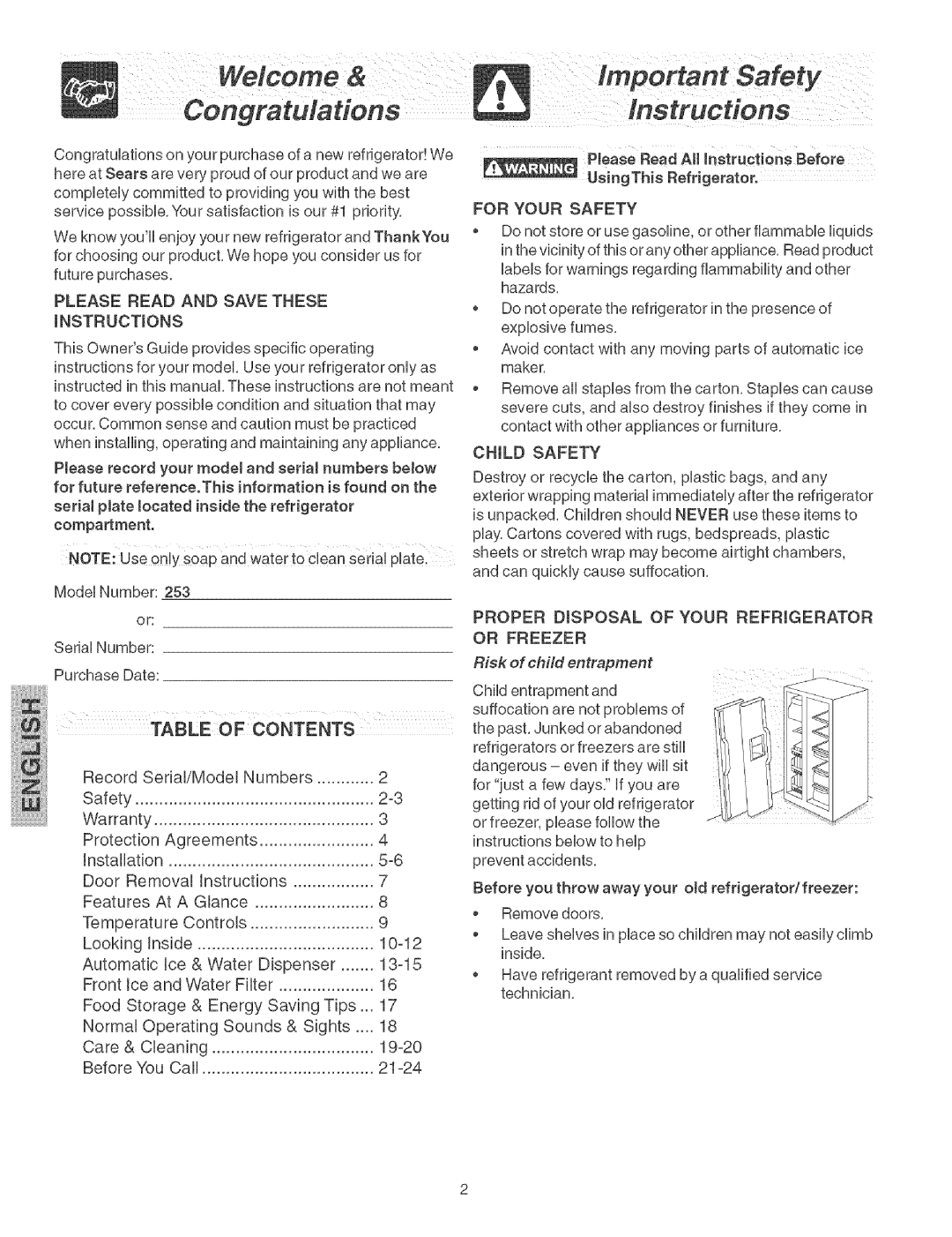 Kenmore 2535629340N, 241579602 (0410) manual Welcome Congratulations, INSTRUCTiONS, Installation, Risk of child entrapment 