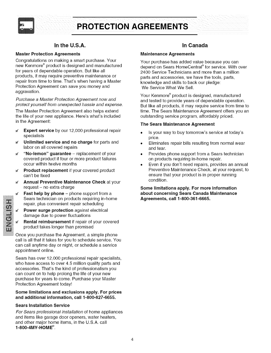 Kenmore 25355689408, 241579602 (0410), 25354663406, 2535629340N manual Master Protection Agreements, Maintenance Agreements 