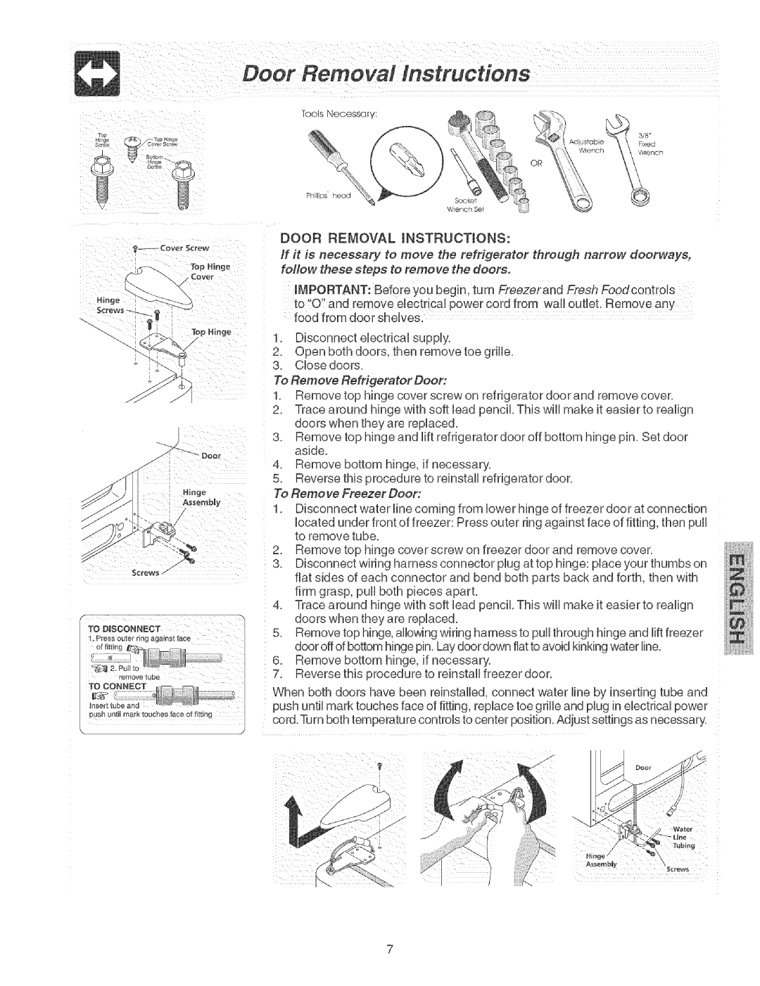 Kenmore 2535568440B, 241579602 (0410) manual Deer Removal Instructions, To Remove Refrigerator Door, To Remove Freezer Door 