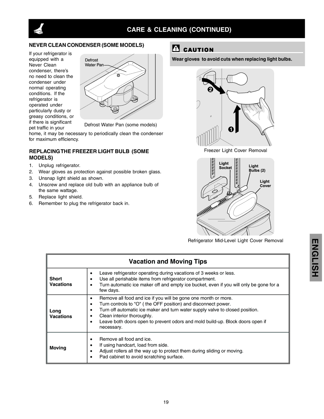 Kenmore 241815202 manual Never Clean Condenser Some Models, Replacing the Freezer Light Bulb Some Models 