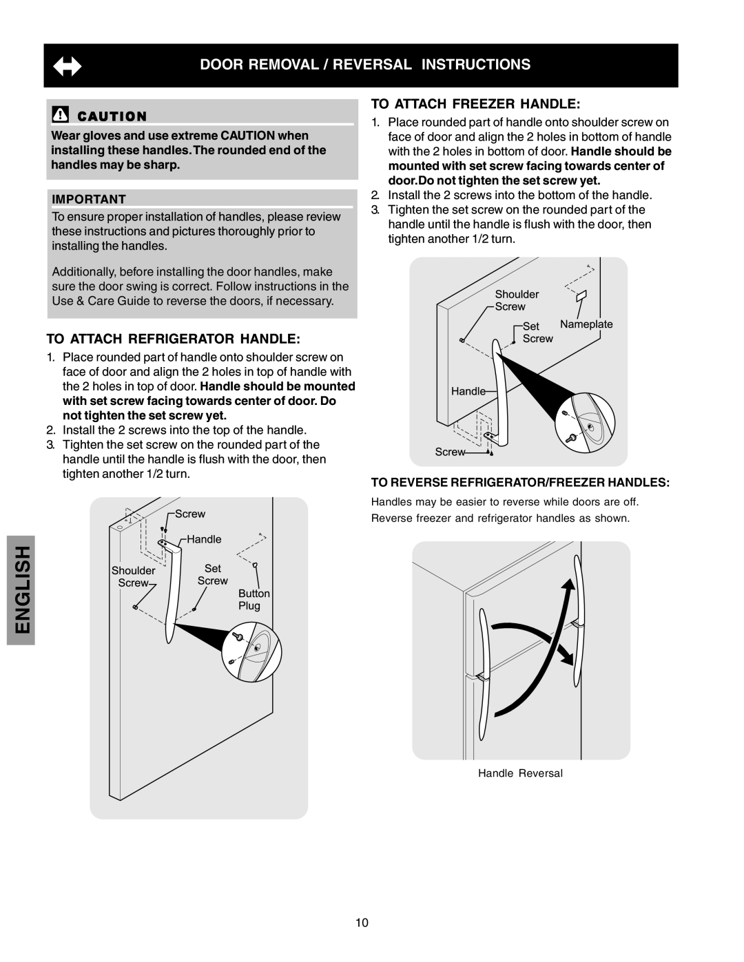 Kenmore 241815202 English, Door Removal / Reversal Instructions, To Attach Refrigerator Handle, To Attach Freezer Handle 