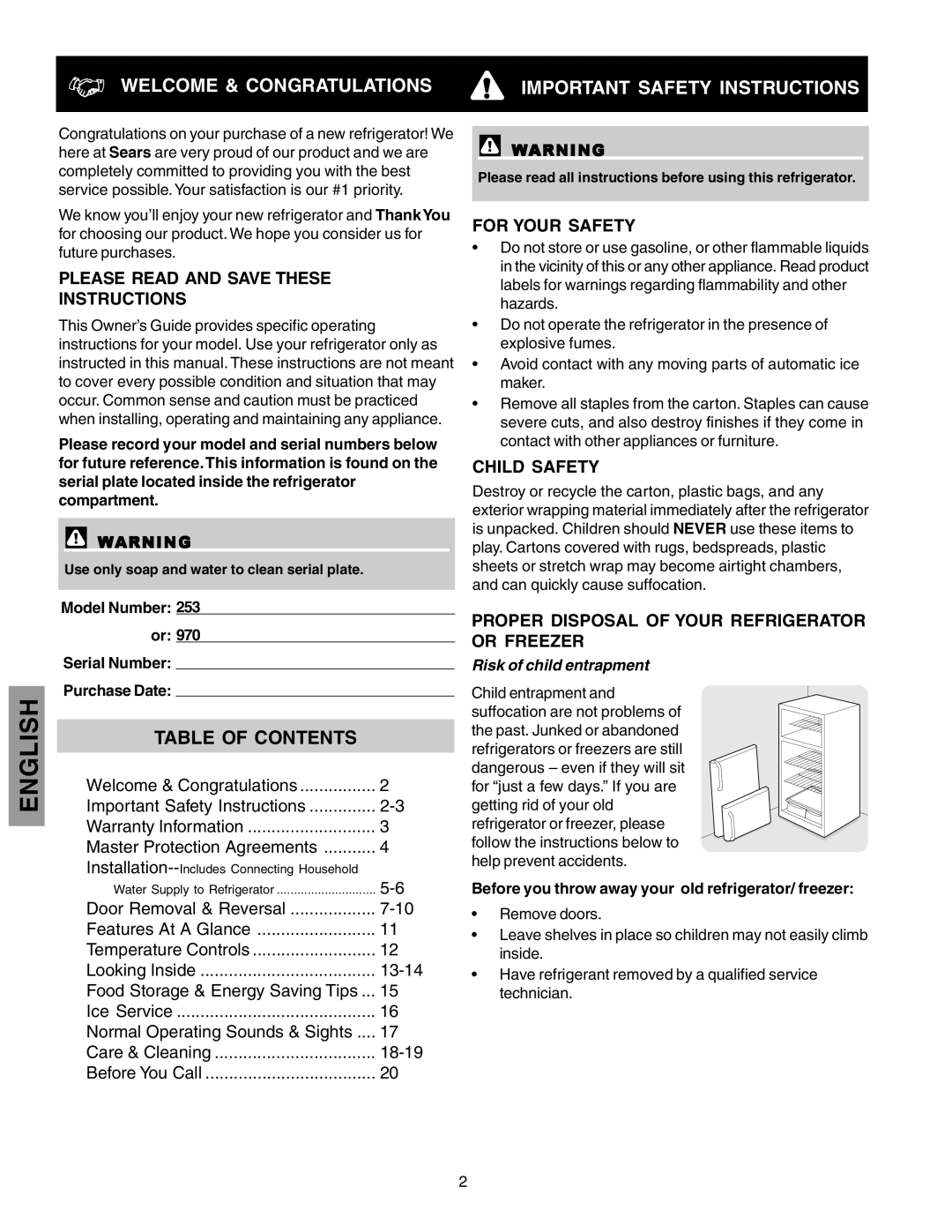 Kenmore 241815202 English, Welcome & Congratulations, Important Safety Instructions, Table Of Contents, For Your Safety 
