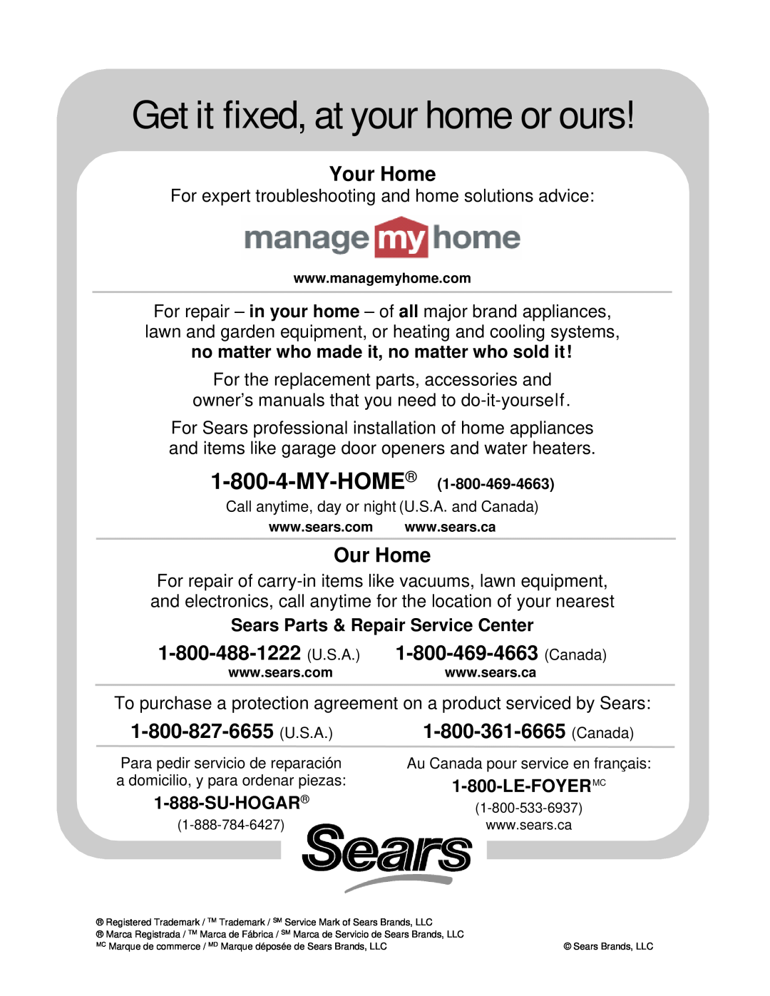 Kenmore 241815202 Get it fixed, at your home or ours, Your Home, Our Home, Sears Parts & Repair Service Center, Su-Hogar 