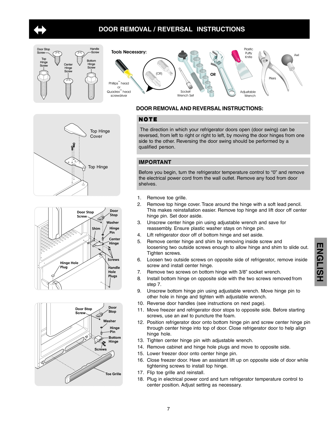 Kenmore 241815202 manual English, Door Removal / Reversal Instructions, Door Removal And Reversal Instructions 