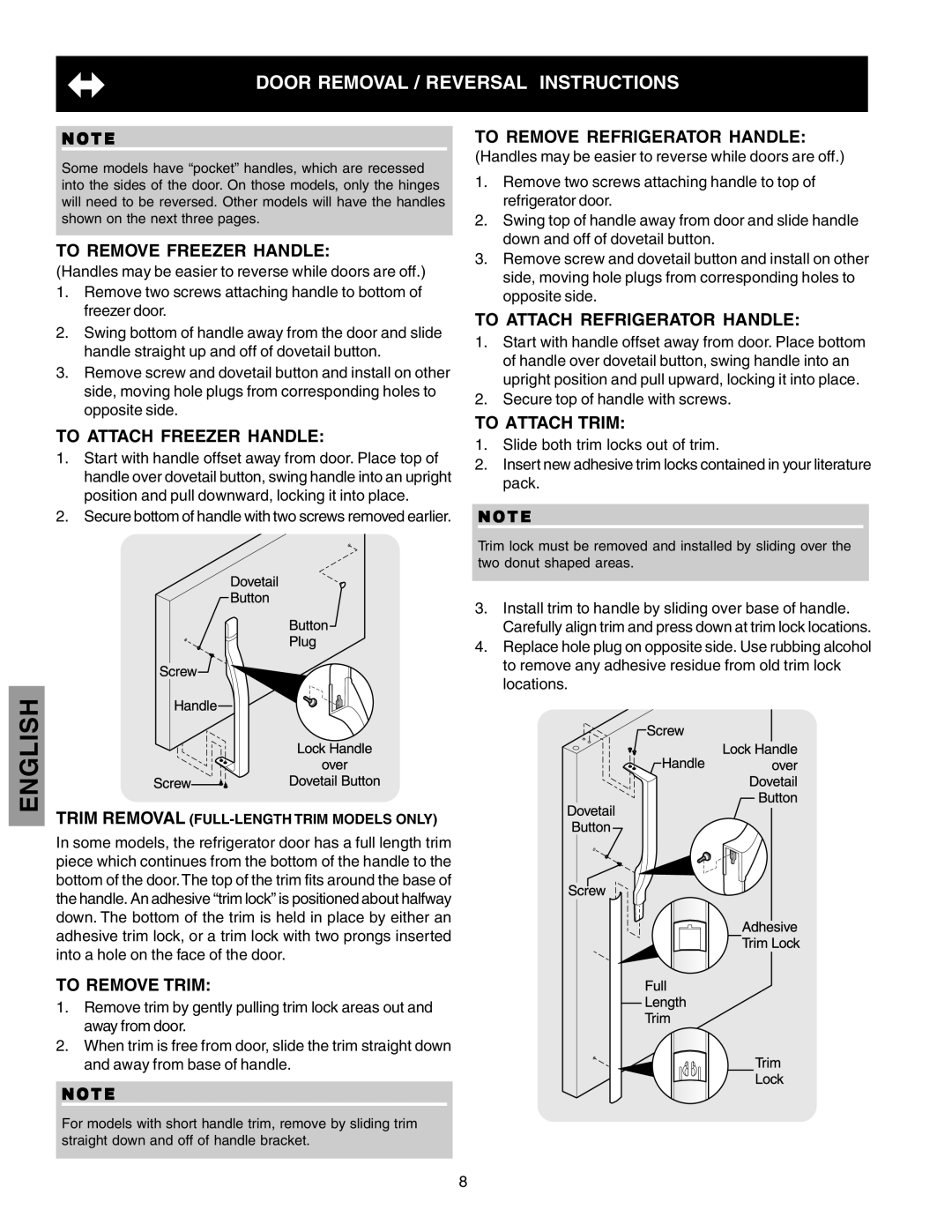 Kenmore 241815202 manual English, Door Removal / Reversal Instructions, To Remove Freezer Handle, To Attach Freezer Handle 