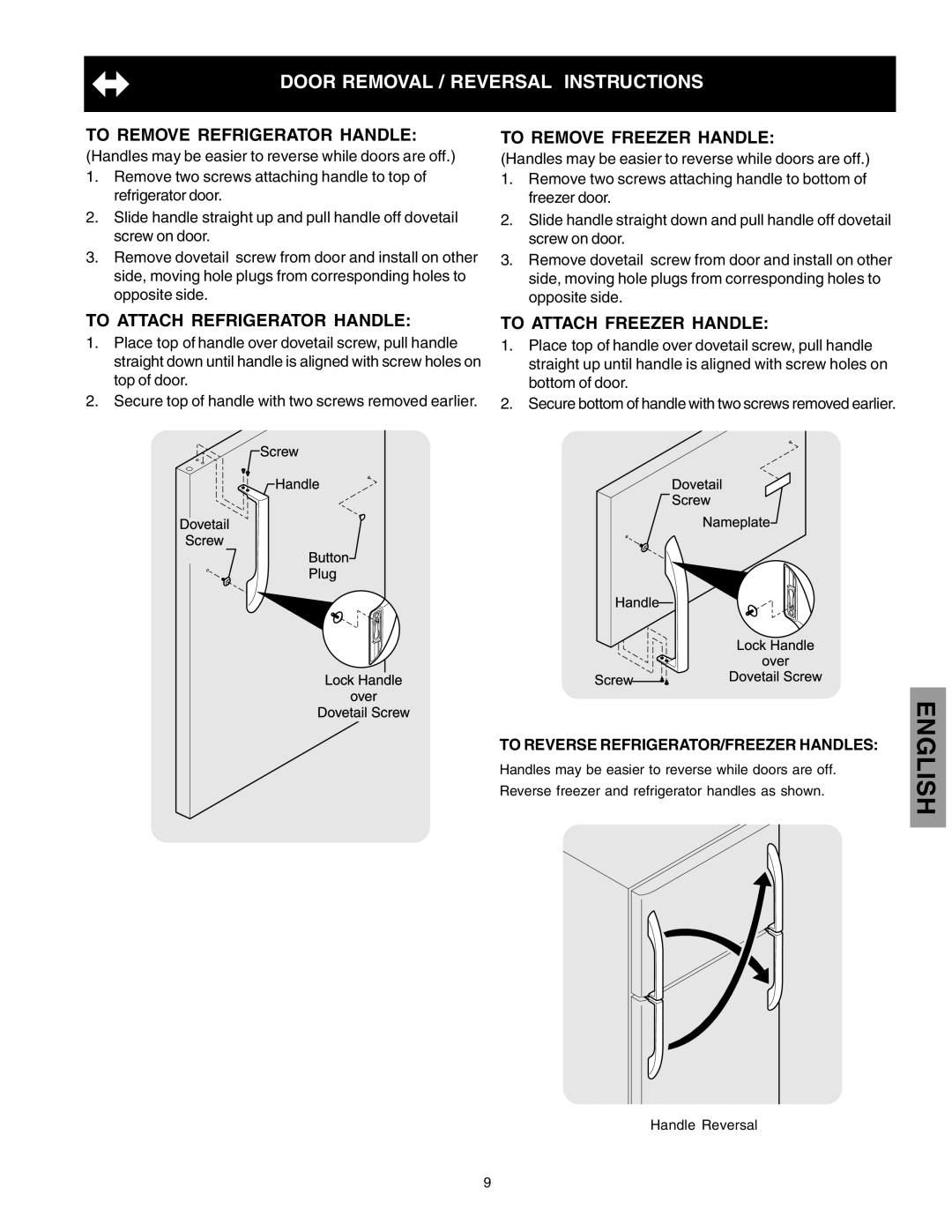 Kenmore 241815202 English, Door Removal / Reversal Instructions, To Remove Refrigerator Handle, To Remove Freezer Handle 