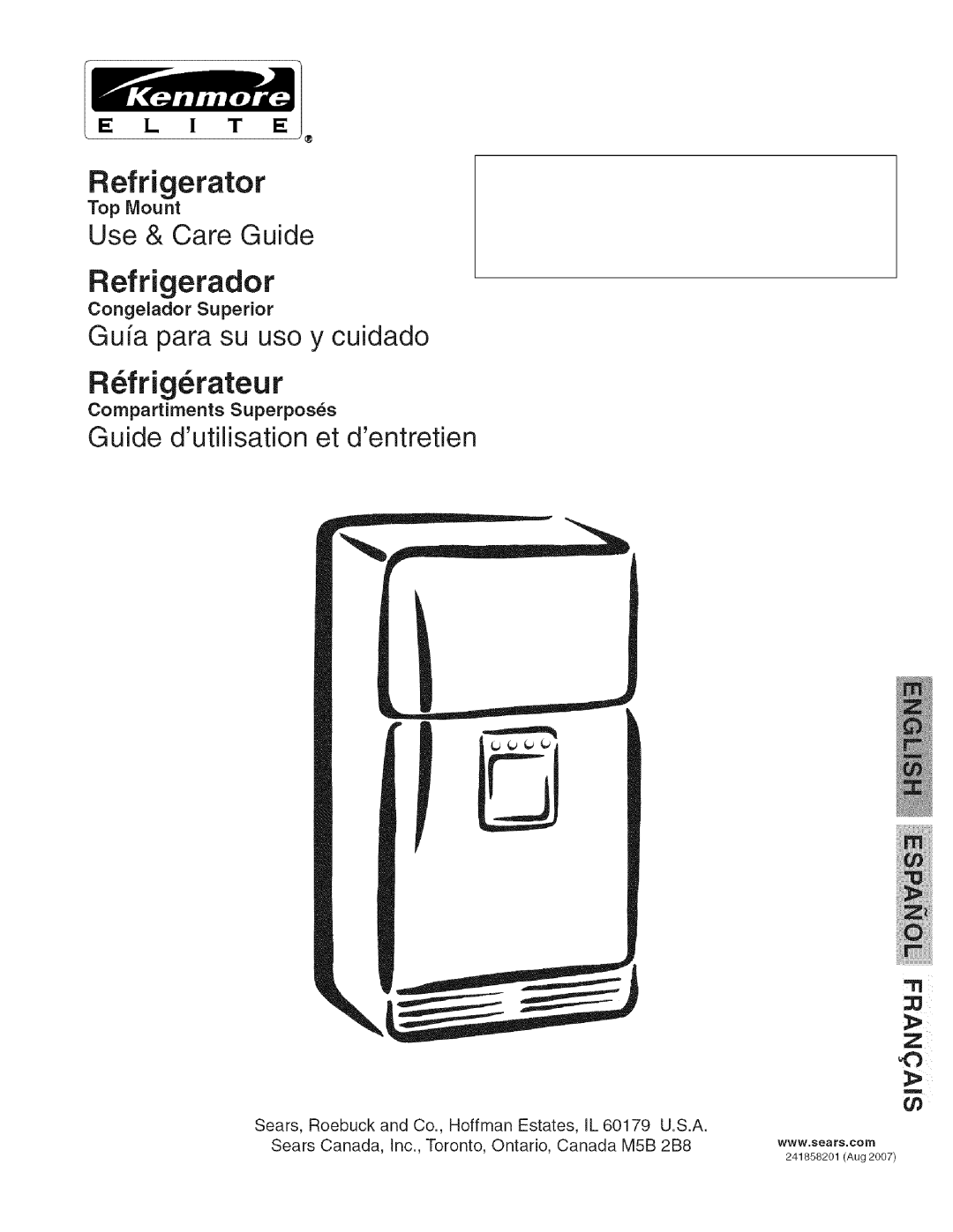 Kenmore 241858201 manual Refrigerator, Top Mount 