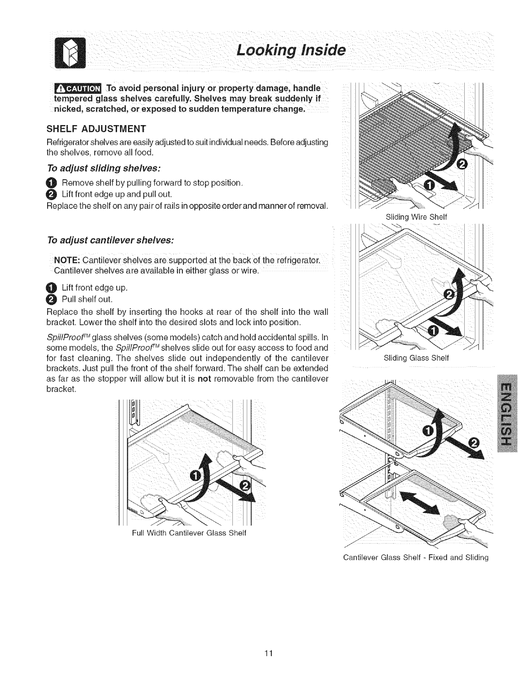 Kenmore 241858201 manual Shelf Adjustment, To adjust sliding shelves, To adjust cantilever shelves 