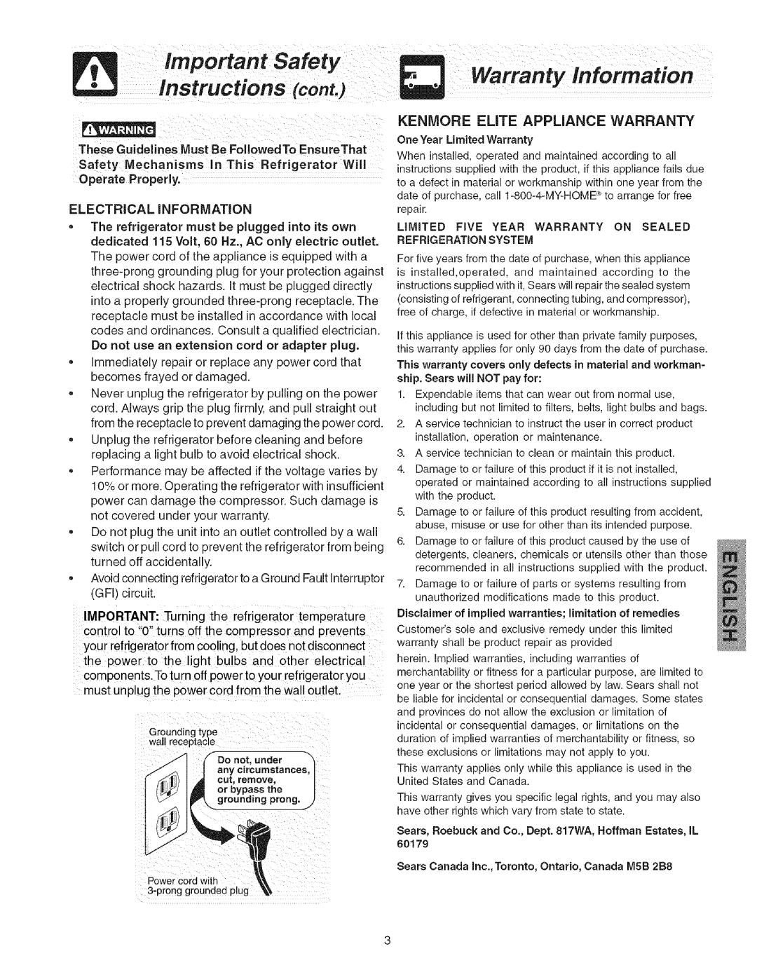 Kenmore 241858201 manual Electrical Information, REFRiGERATiON System 