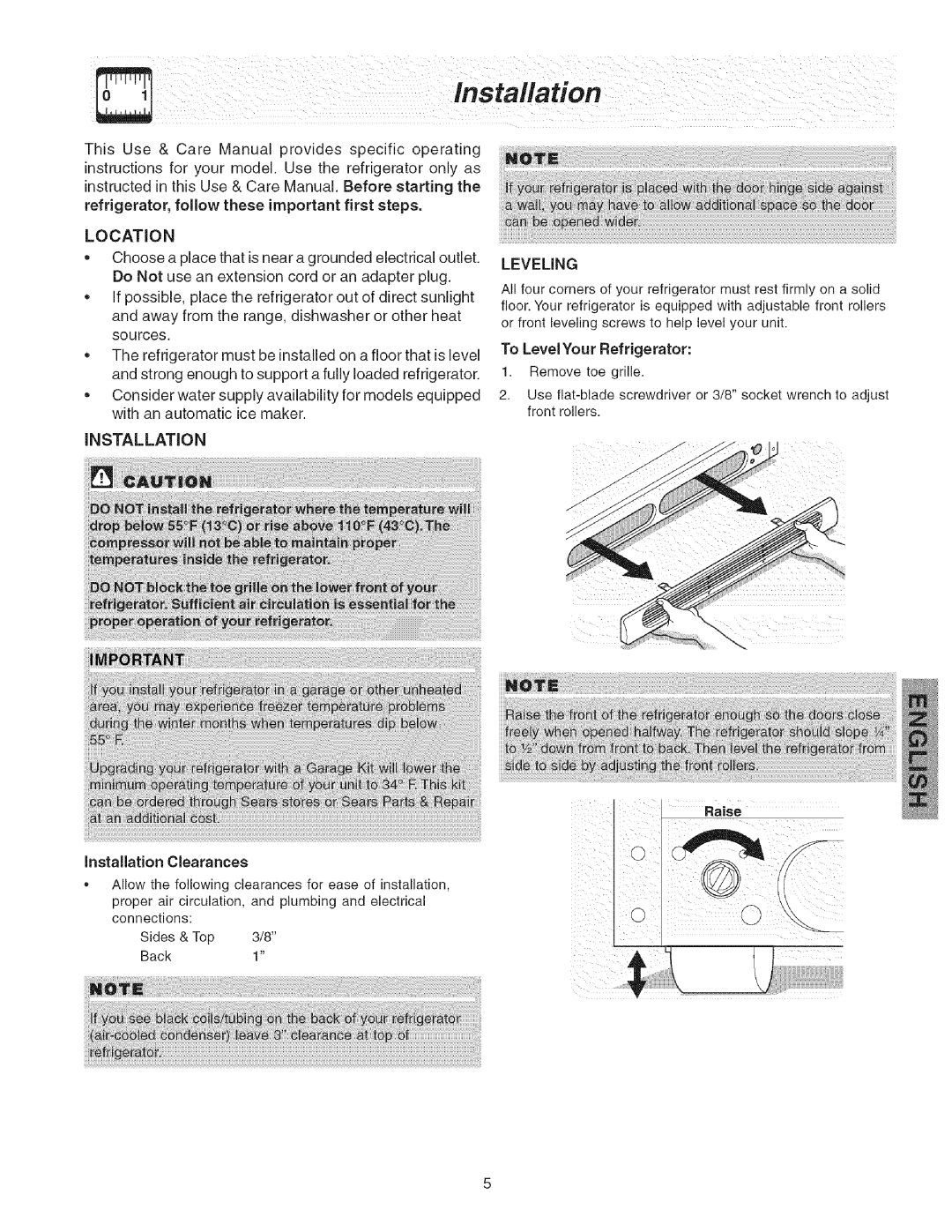 Kenmore 241858201 manual Location, Leveling, Installation Clearances, Raise 