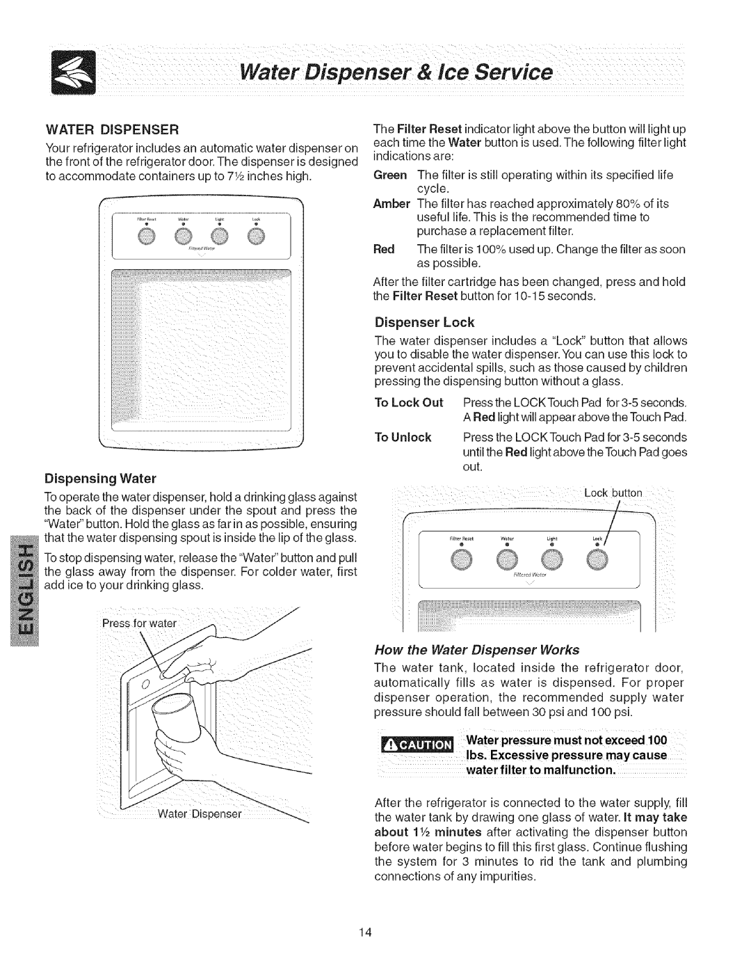 Kenmore 241858201 manual Water Dispenser, Water pressure must not exceed 