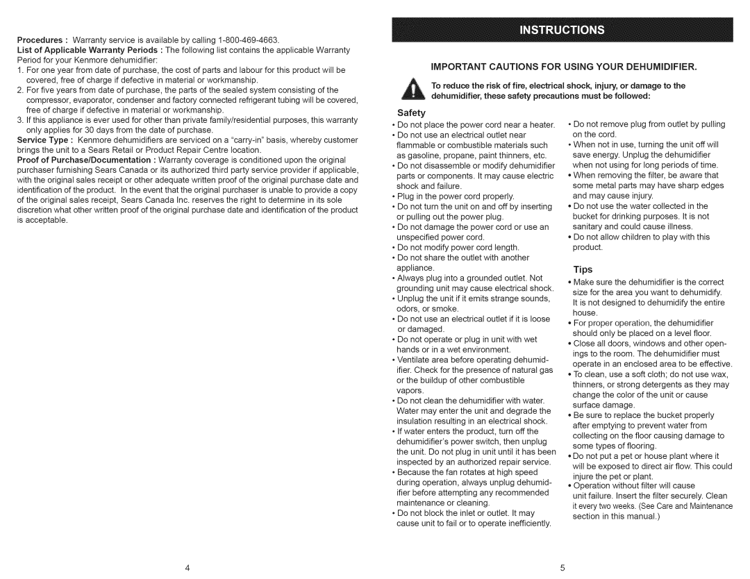 Kenmore 251.25013 Important Cautions for Using Your Dehumidifier, Dehumidifier, these safety precautions must be followed 