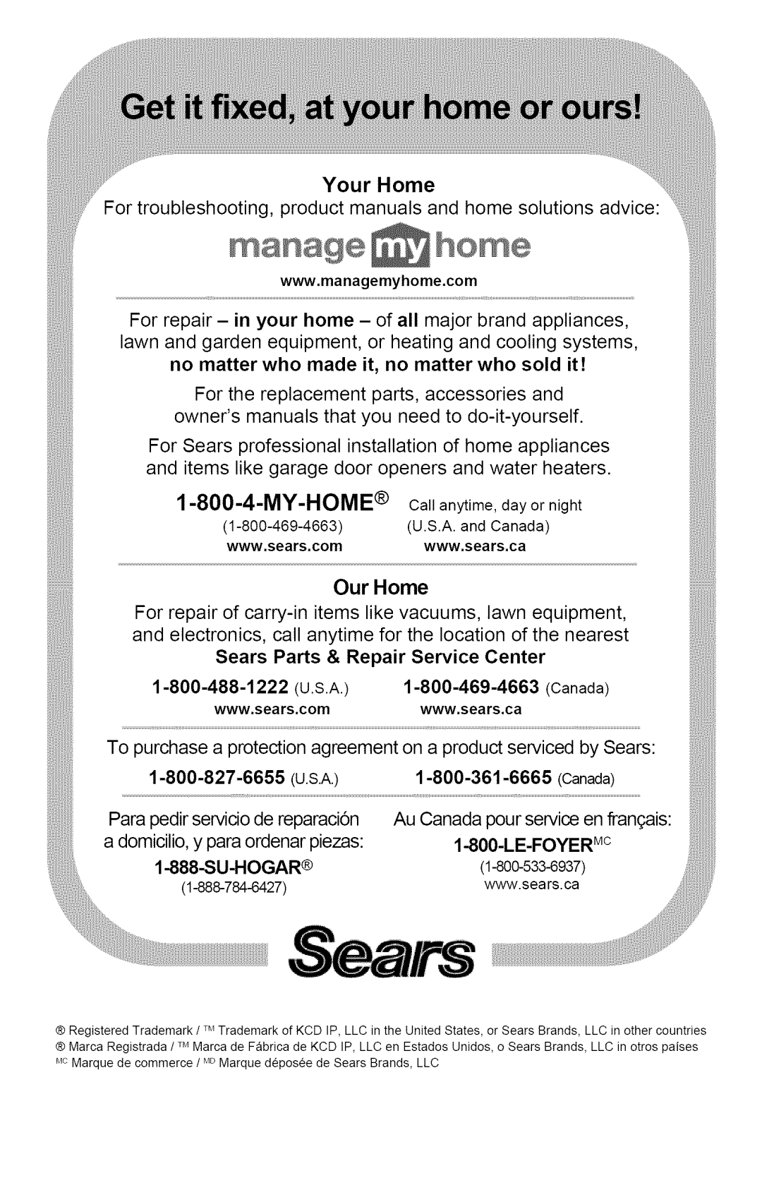 Kenmore 251.50351, 251.50701, 251.50501, 251.25013 manual Your Home, Sears Parts & Repair Service Center, I 800 LE FOYERMC 