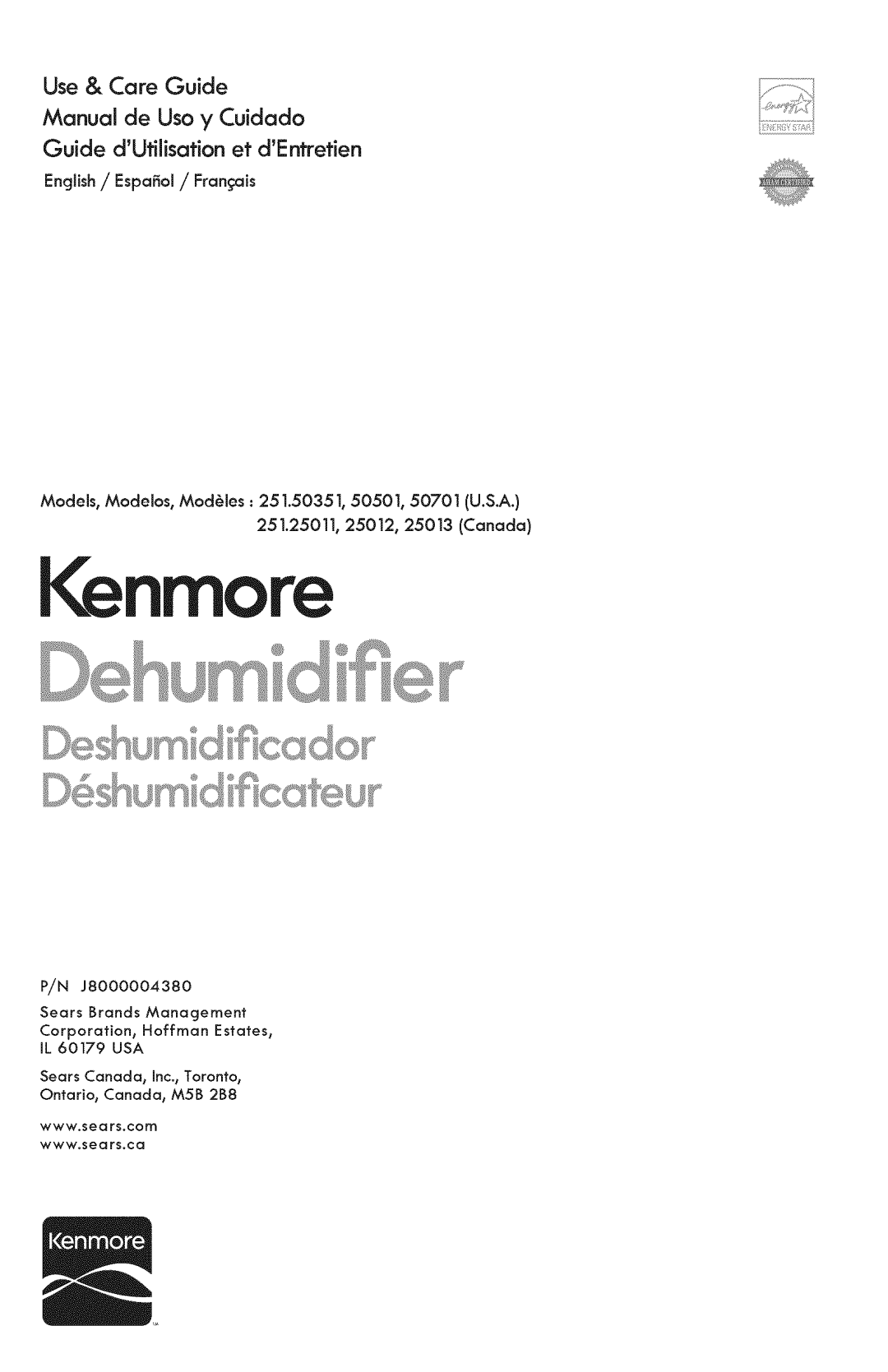 Kenmore 251.50501, 251.50701 manual I nmo, Use & Care Guide Manual de Uso y Cuidado, Guide dUtilisation et dE retien 