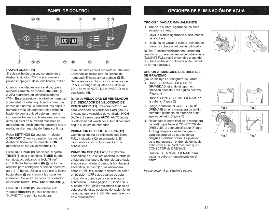 Kenmore 251.90701 manual Power ON/OFF, Opcion 1, Vaciar Manualmente, Opcion 2, Manguera DE Drenaje DE Gravedad 