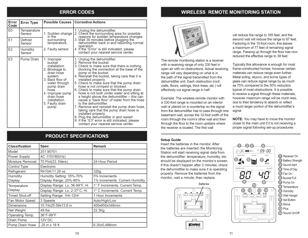 Kenmore 251.90701 manual Error Type Possible, Code, Corrective Actions, Classification Spec, Setup Guide 